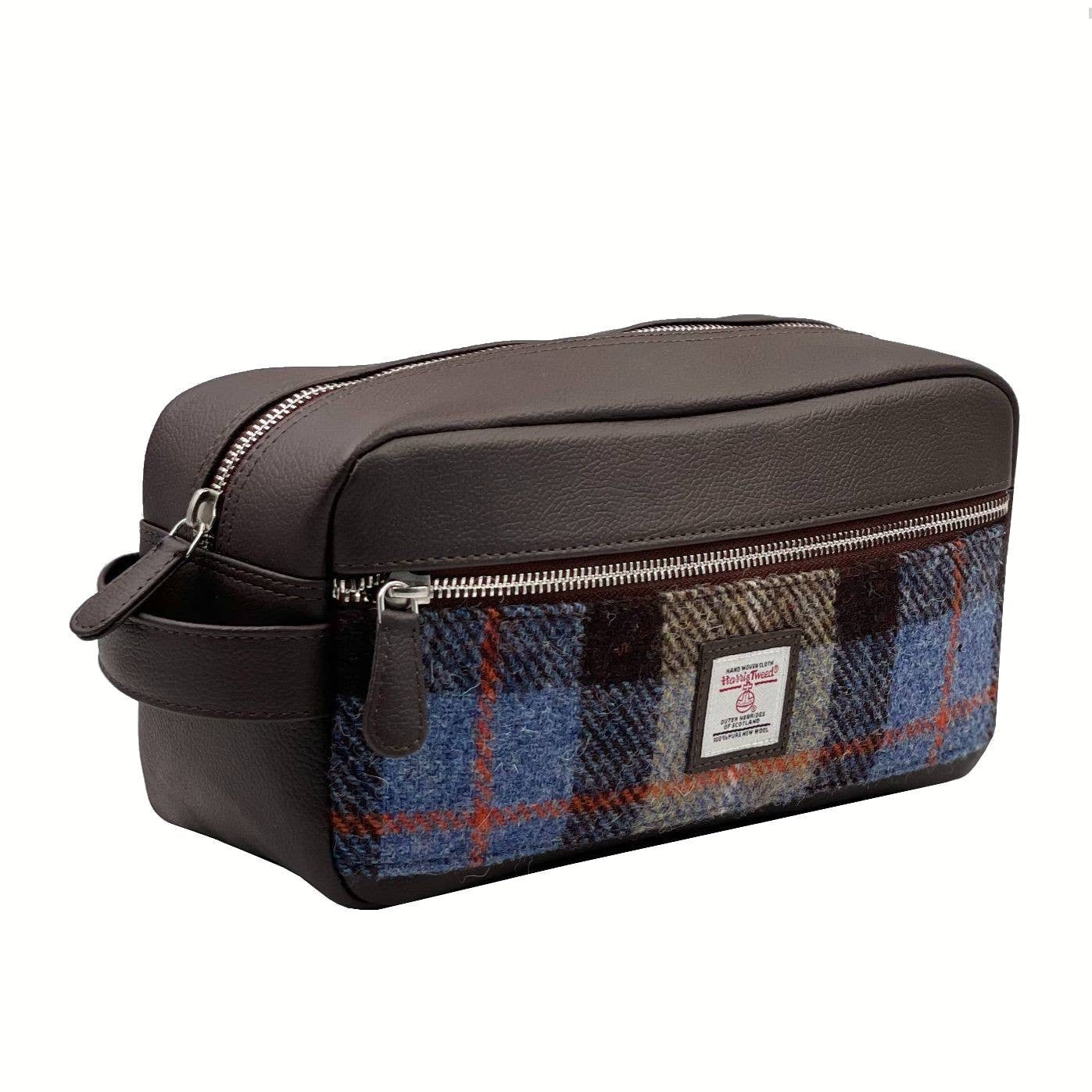 Brown leather and blue plaid wool Harris Tweed toiletry bag with silver zippers