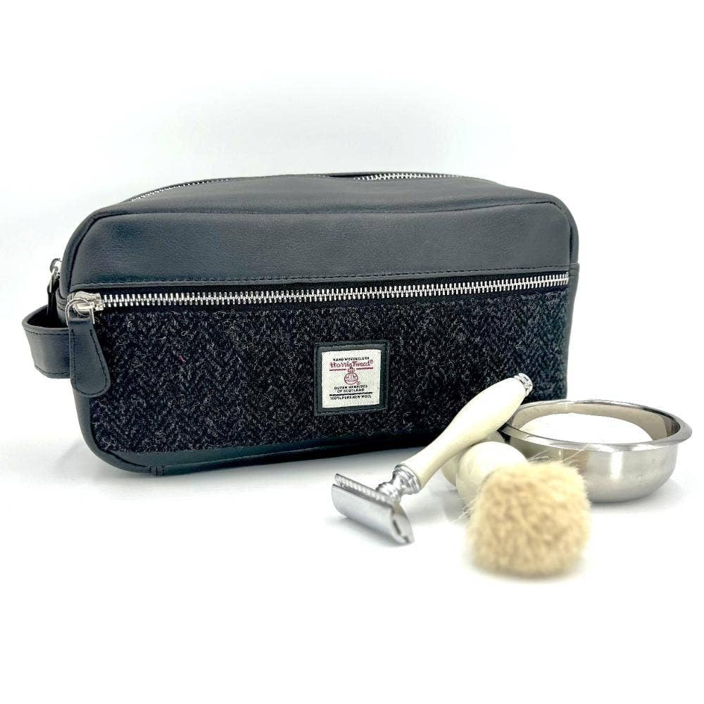 Black leather and Harris Tweed charcoal toiletry bag with silver zipper