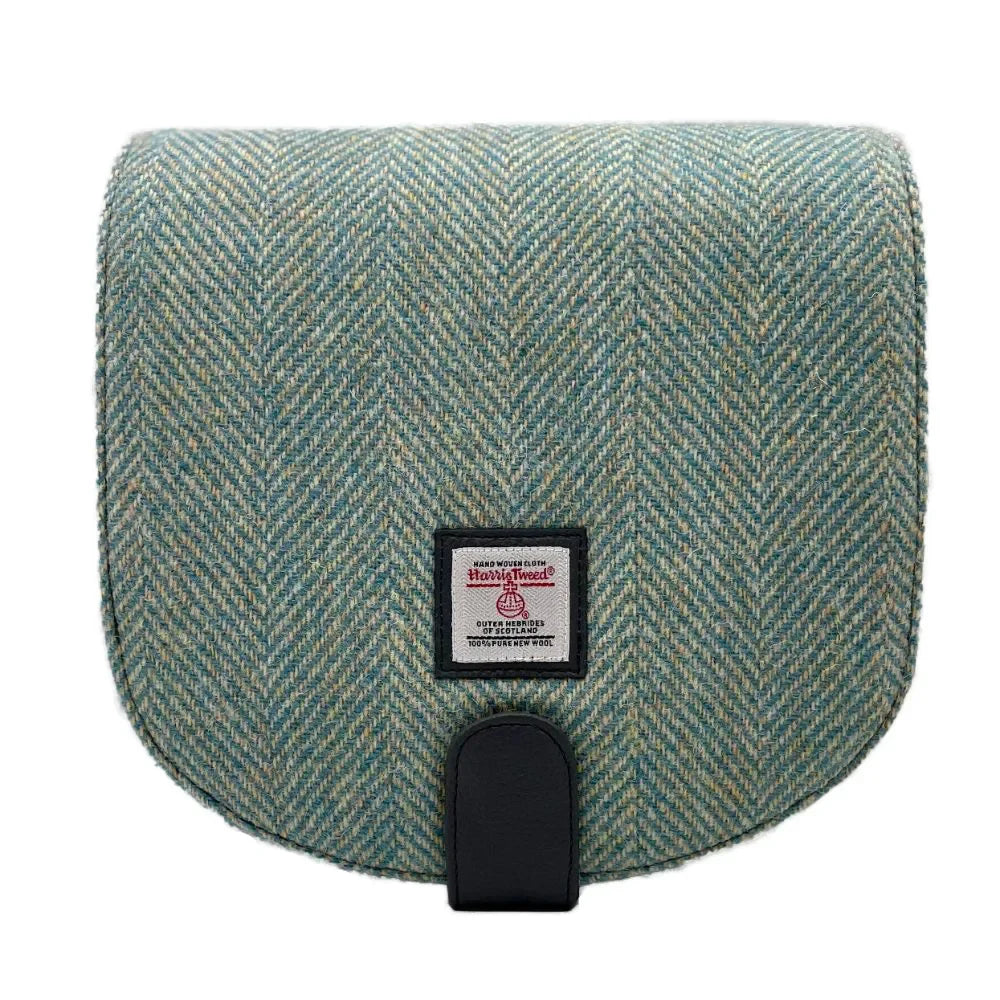 Teal and beige herringbone tweed cross body bag with black leather flap