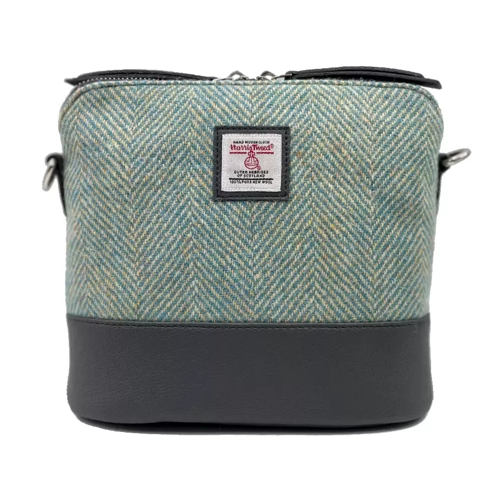 Harris Tweed Turquoise Square Shoulder Bag in light teal herringbone tweed