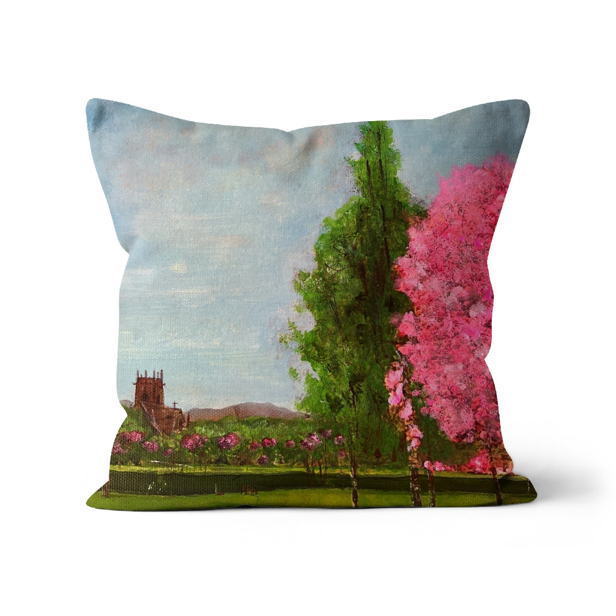 Harrison Park Edinburgh square cushion with pink blossoms and church