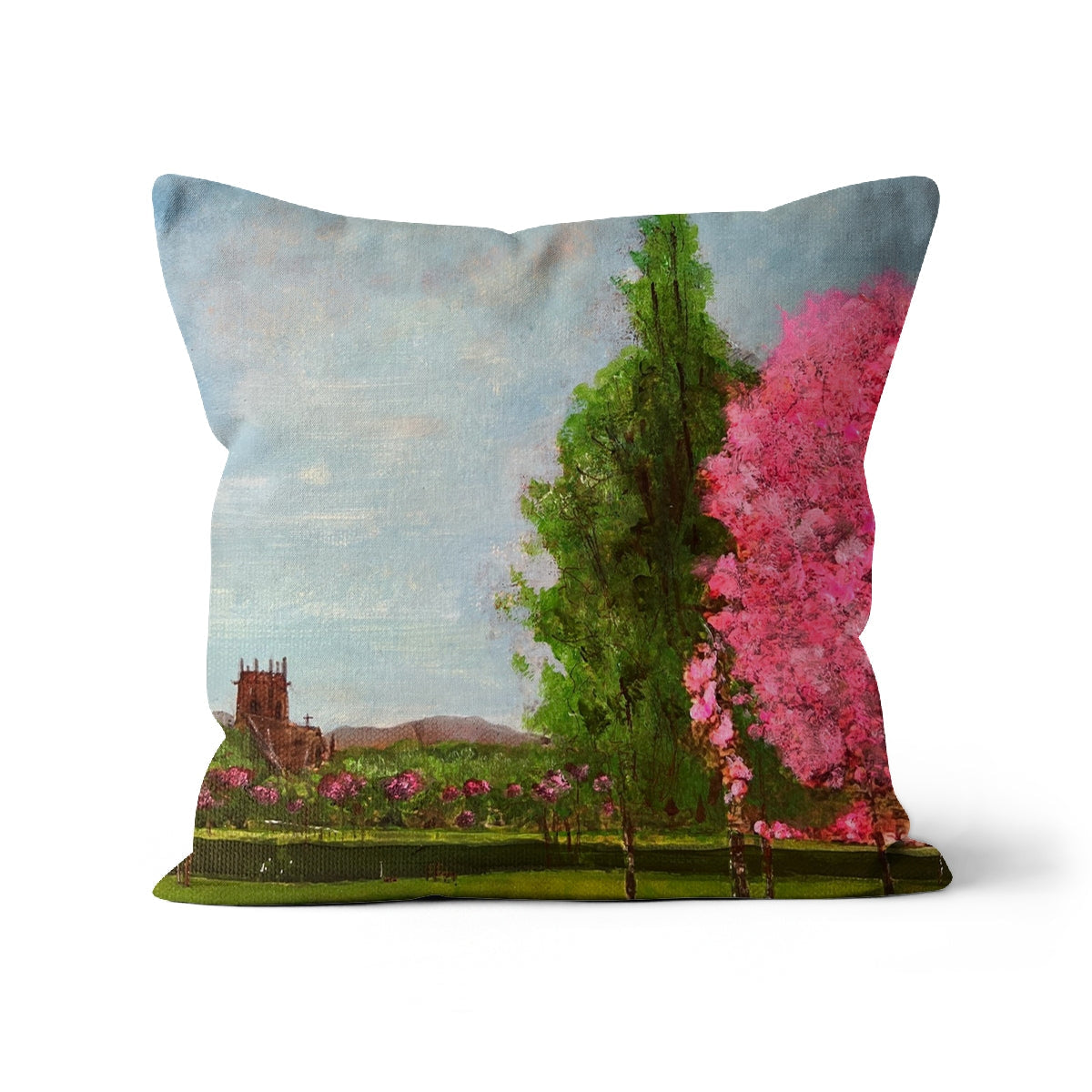 Harrison Park Edinburgh square cushion with pink blossoming trees and church