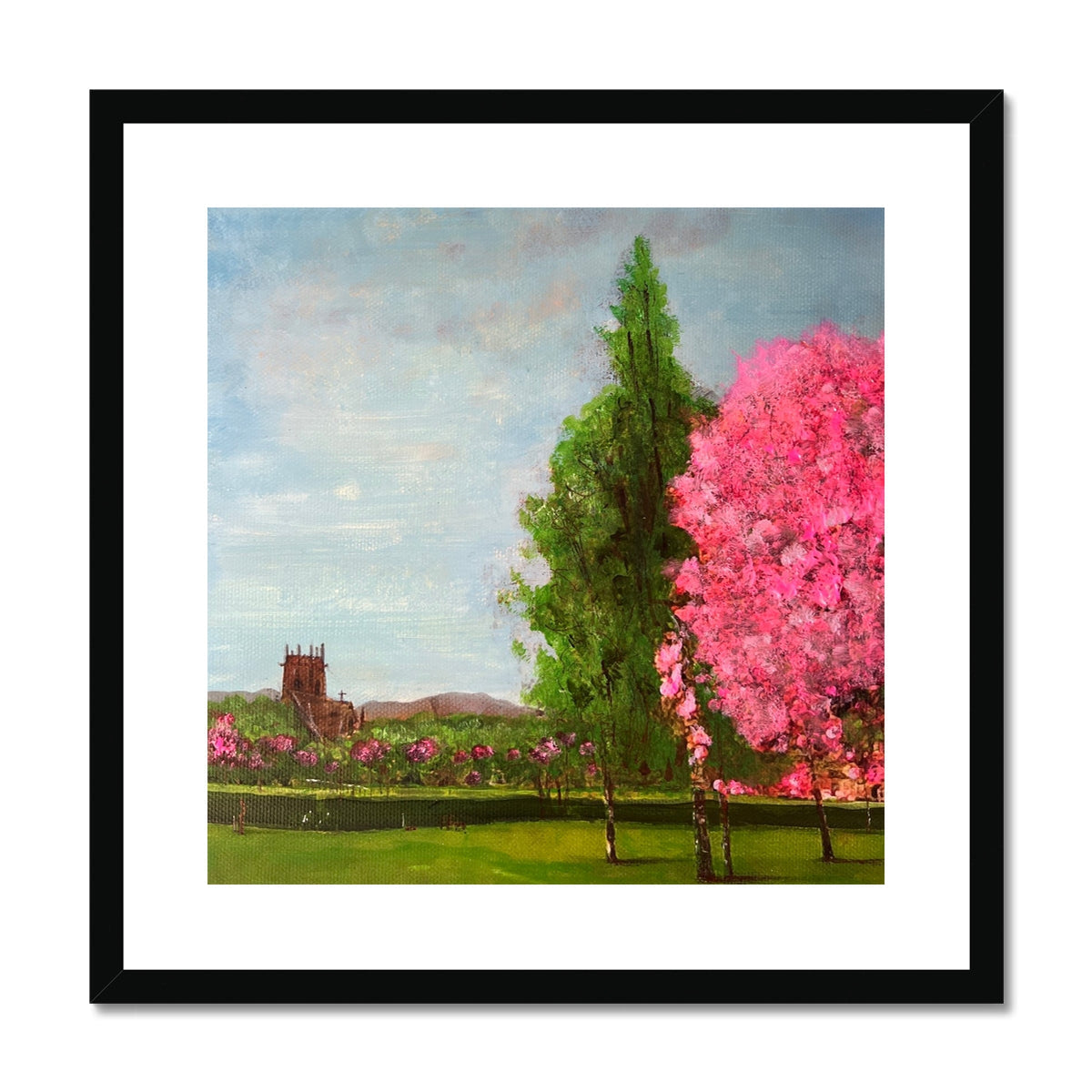 Pink cherry blossom tree art print in black frame, Harrison Park Edinburgh