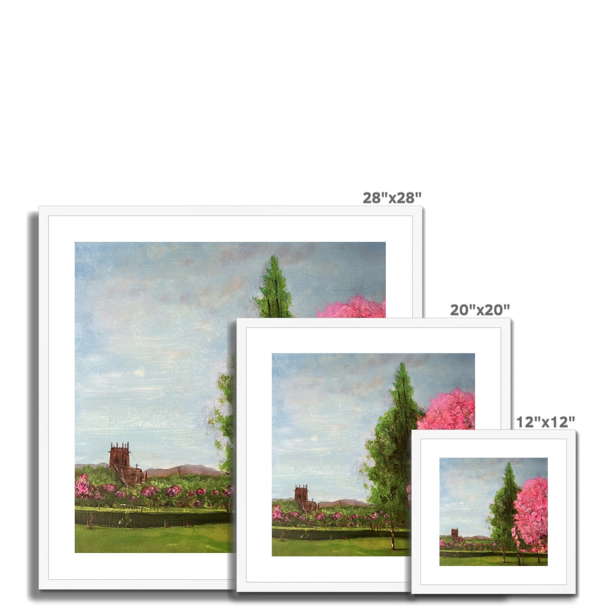 28x28 Harrison Park Edinburgh framed landscape print with pink blossoms