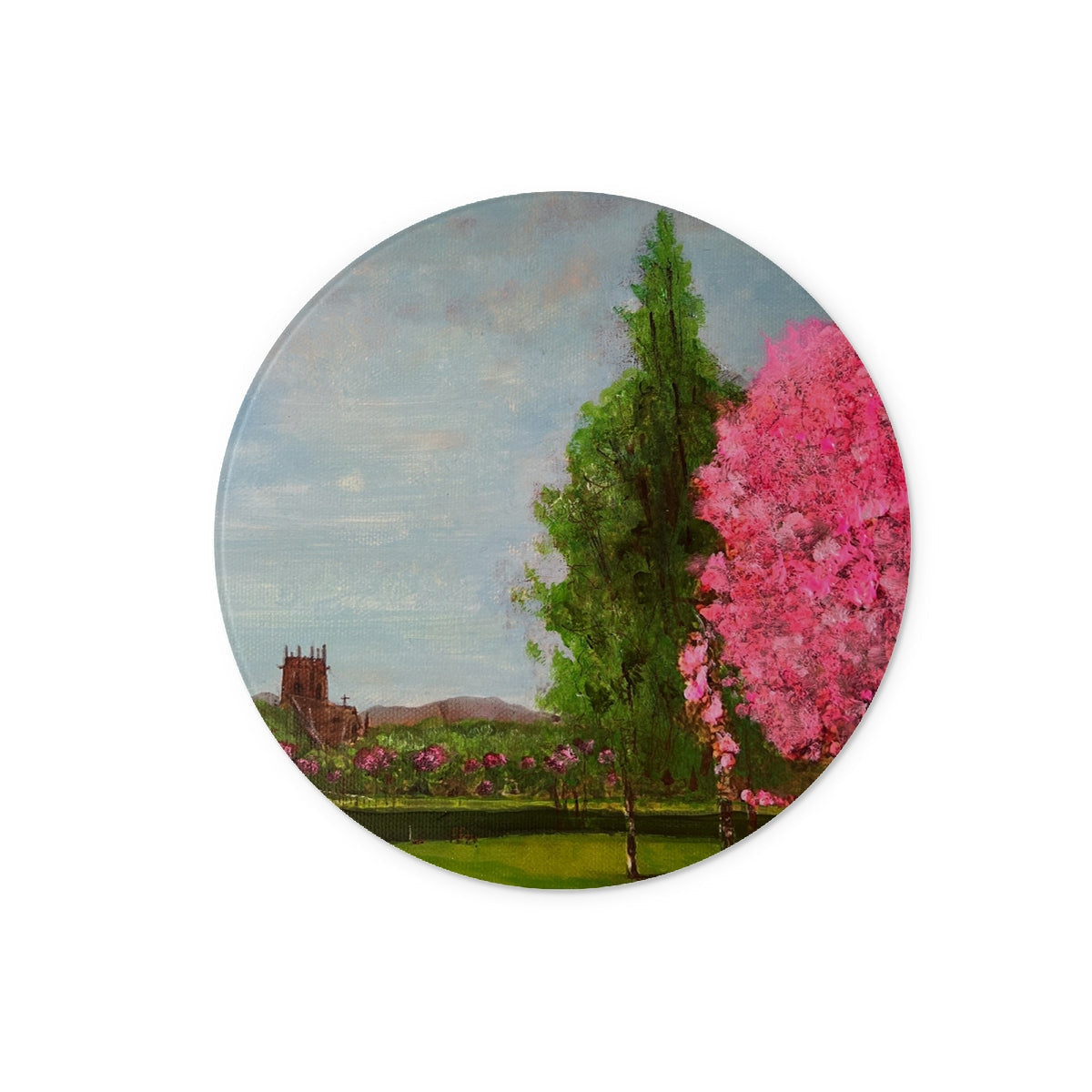 Harrison Park Edinburgh glass chopping board with pink blossoms landscape