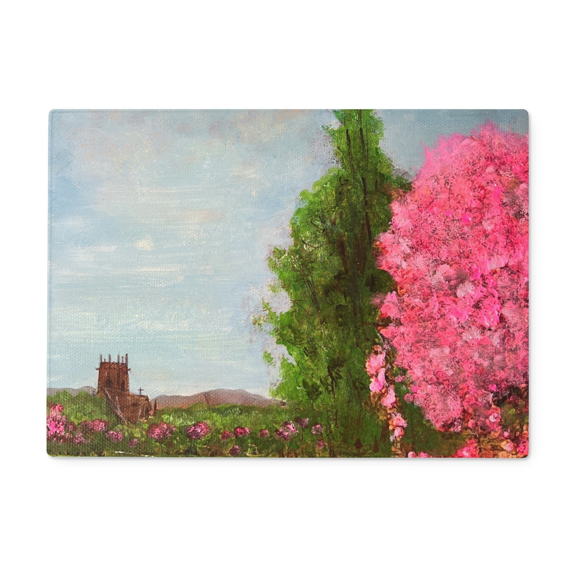 Harrison Park Edinburgh glass chopping board with pink blossoms and church