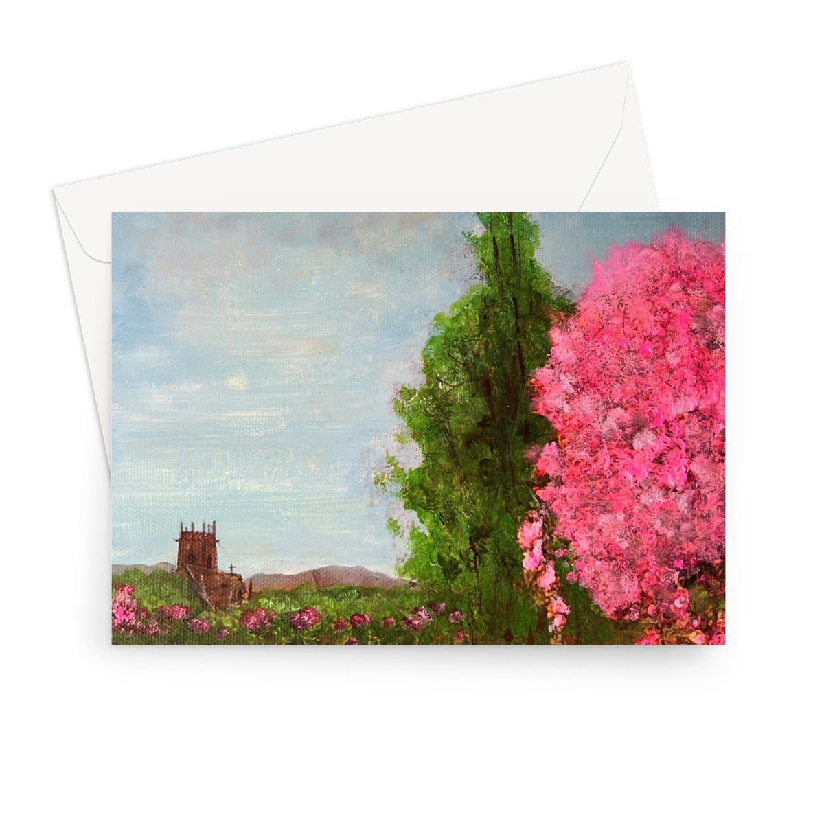 Harrison Park Edinburgh greeting card with pink blossoms and green trees