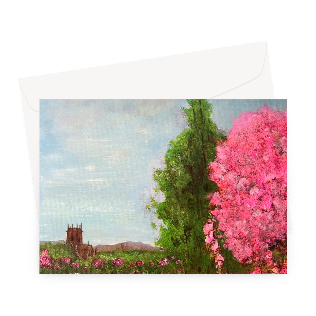 Harrison Park Edinburgh greeting card with pink blossoms and stone church