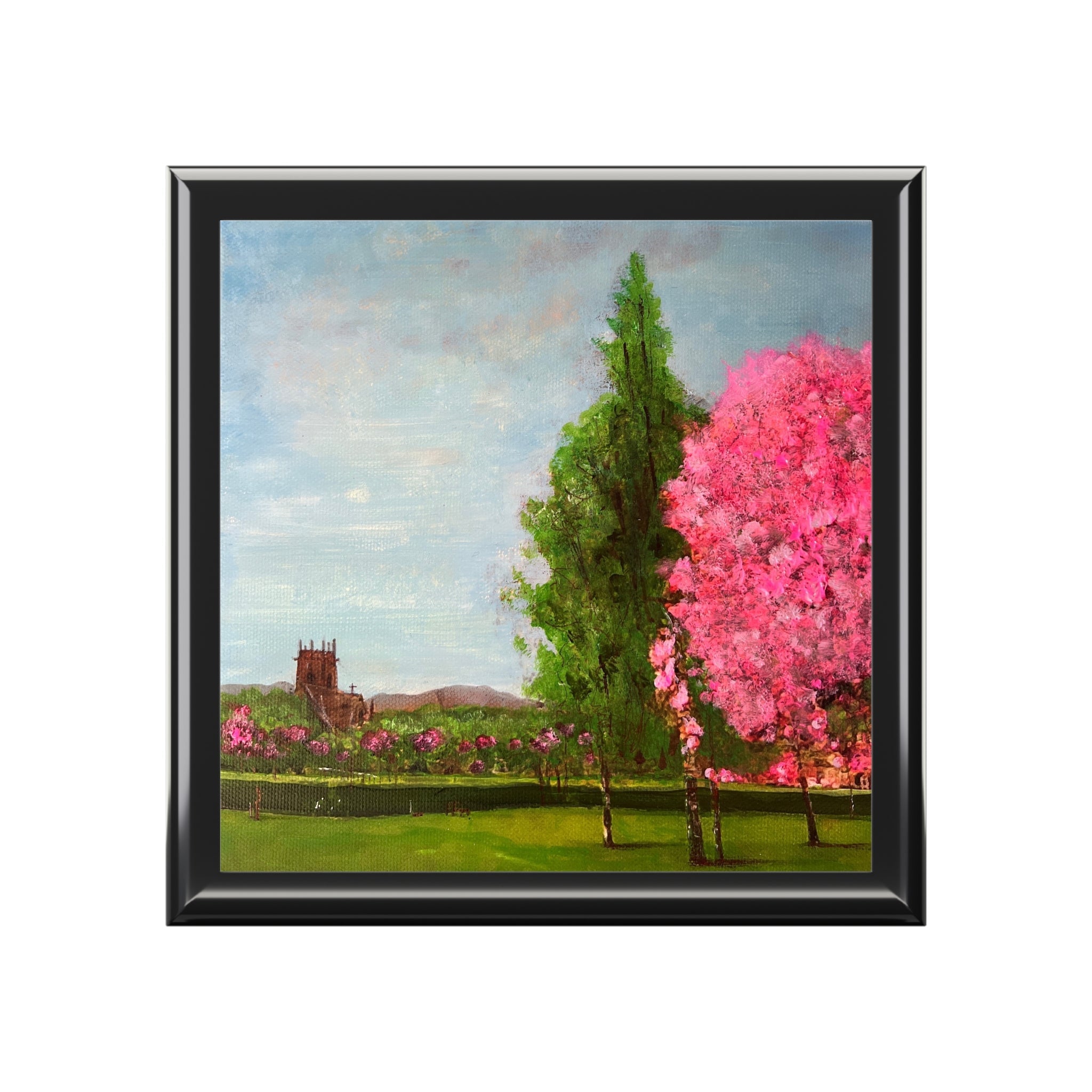 Vibrant Harrison Park Edinburgh spring scene painting on jewellery box