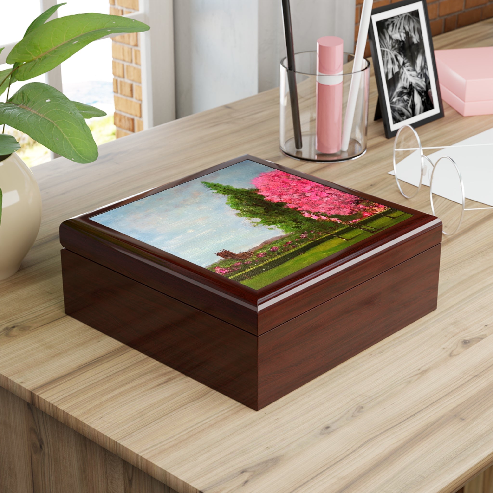 Harrison Park Edinburgh wooden jewellery box with pink blossoms painting