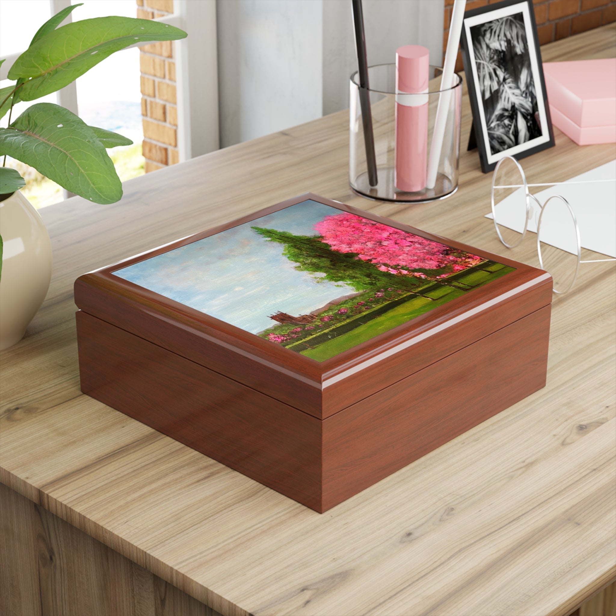 Harrison Park Edinburgh jewelry box with pink blossoms and trees