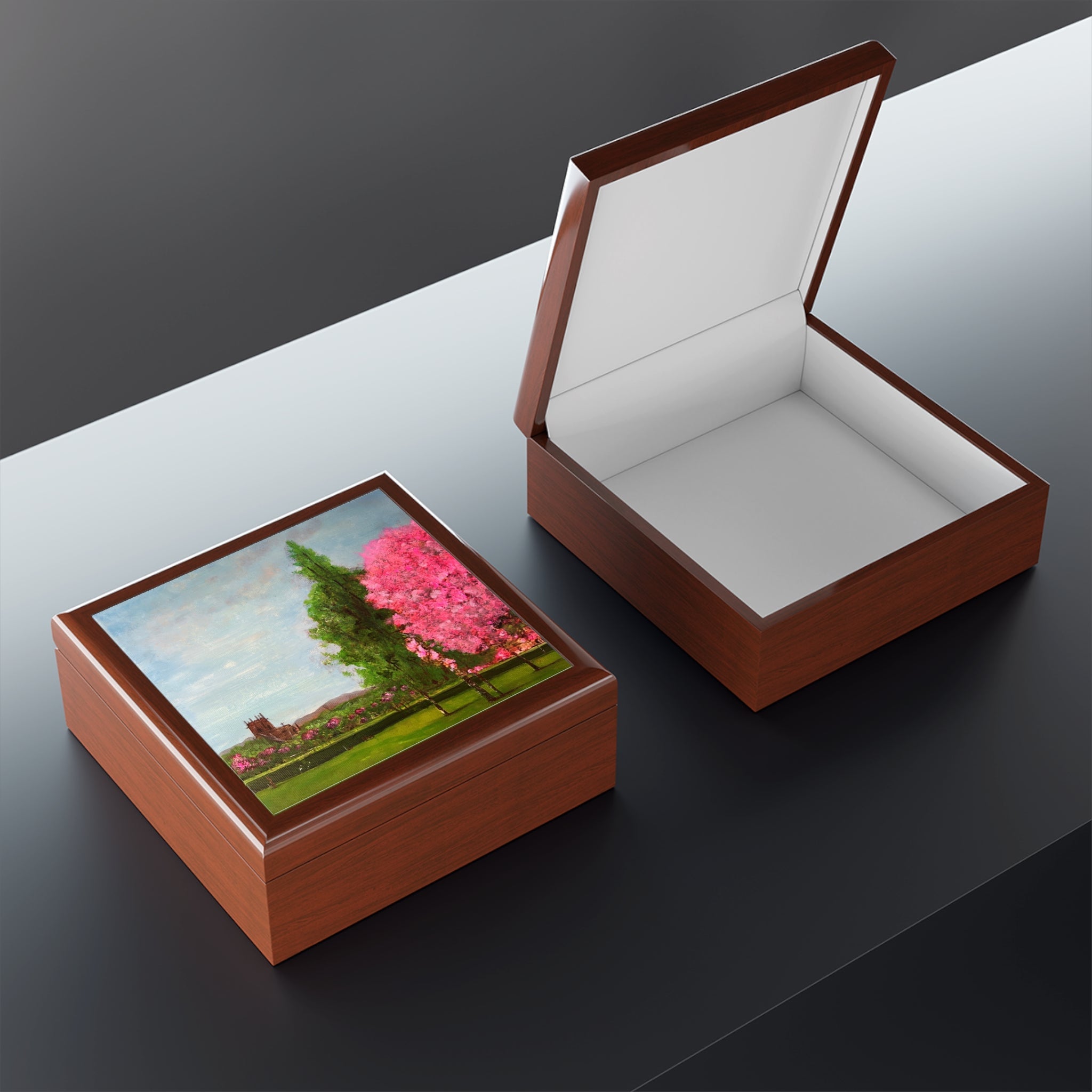Brown wooden Harrison Park Edinburgh jewelry box with pink blossoms lid