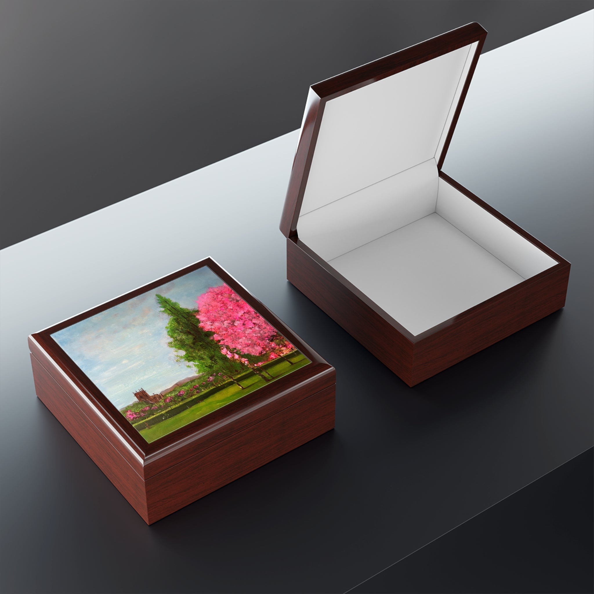 Harrison Park Edinburgh glossy wooden jewelry box with pink cherry blossom lid