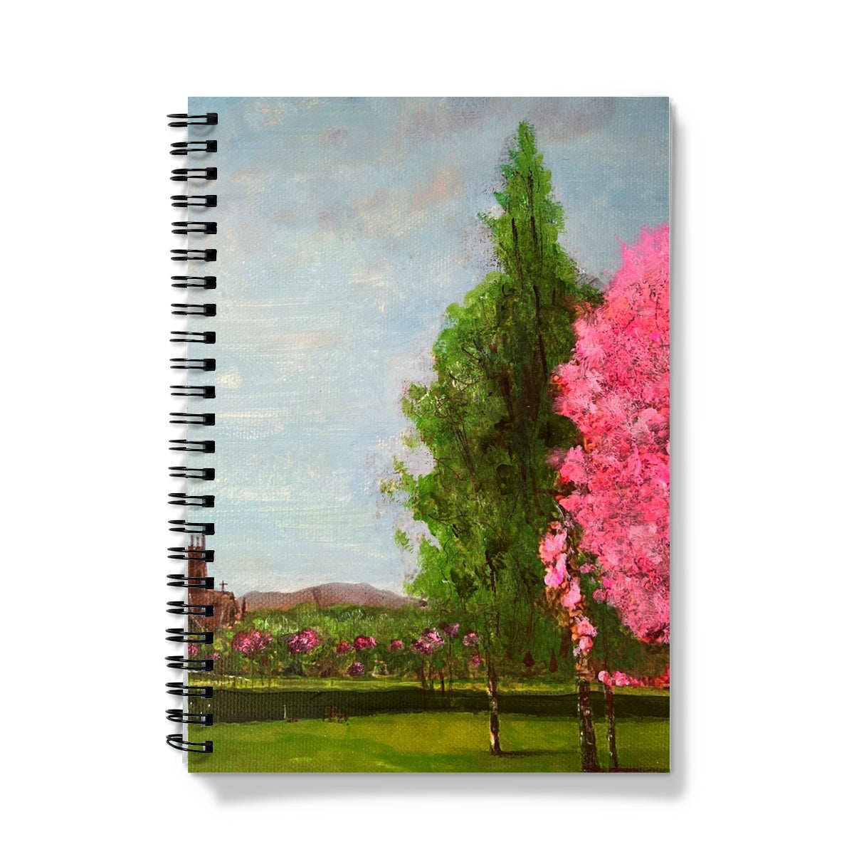 Harrison Park Edinburgh notebook with vibrant painted landscape of tall green trees and blossoming pink tree under soft blue sky