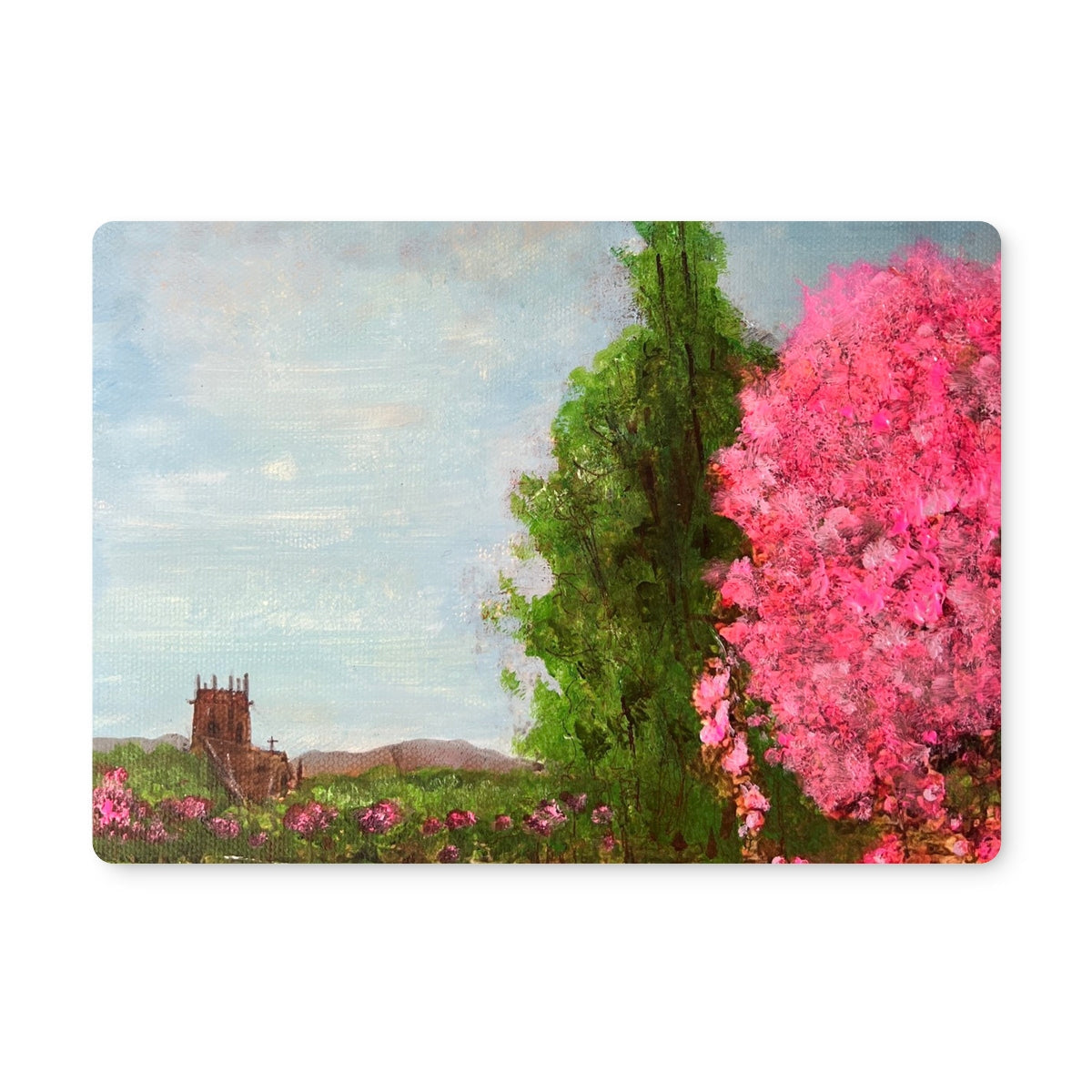 Harrison Park Edinburgh placemat: rectangular wooden coaster with painted pink blossoms, green trees, stone church, blue sky