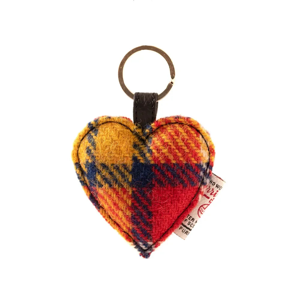 Heart keyring in vibrant yellow red blue tartan wool with black leather strap