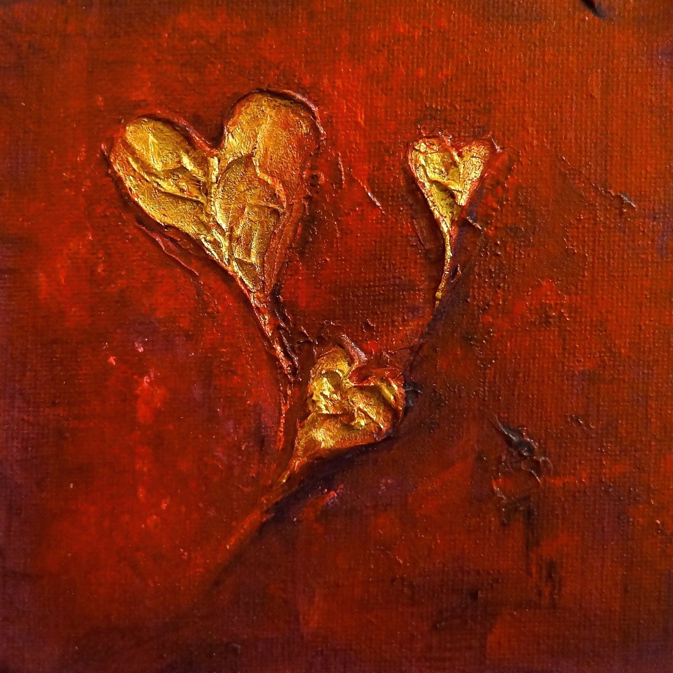 Textured golden hearts on red background in Hearts Abstract Original Painting artwork