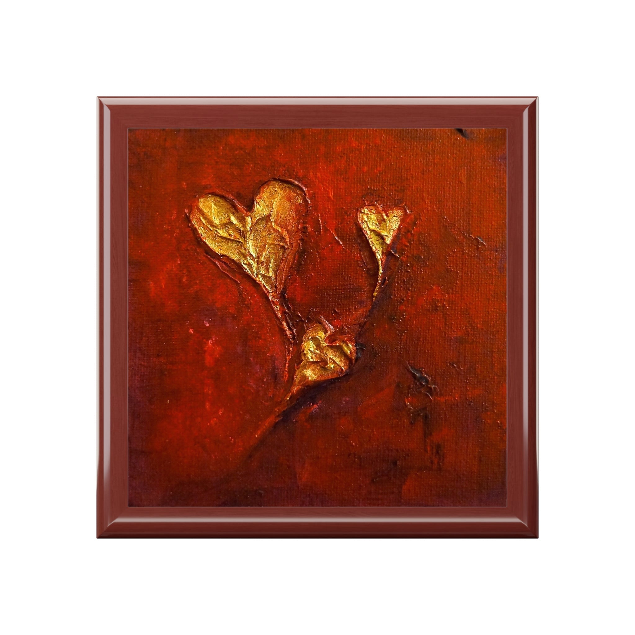 Framed painting with three textured golden heart shapes on red and orange background for Hearts Art Jewellery Box Scotland