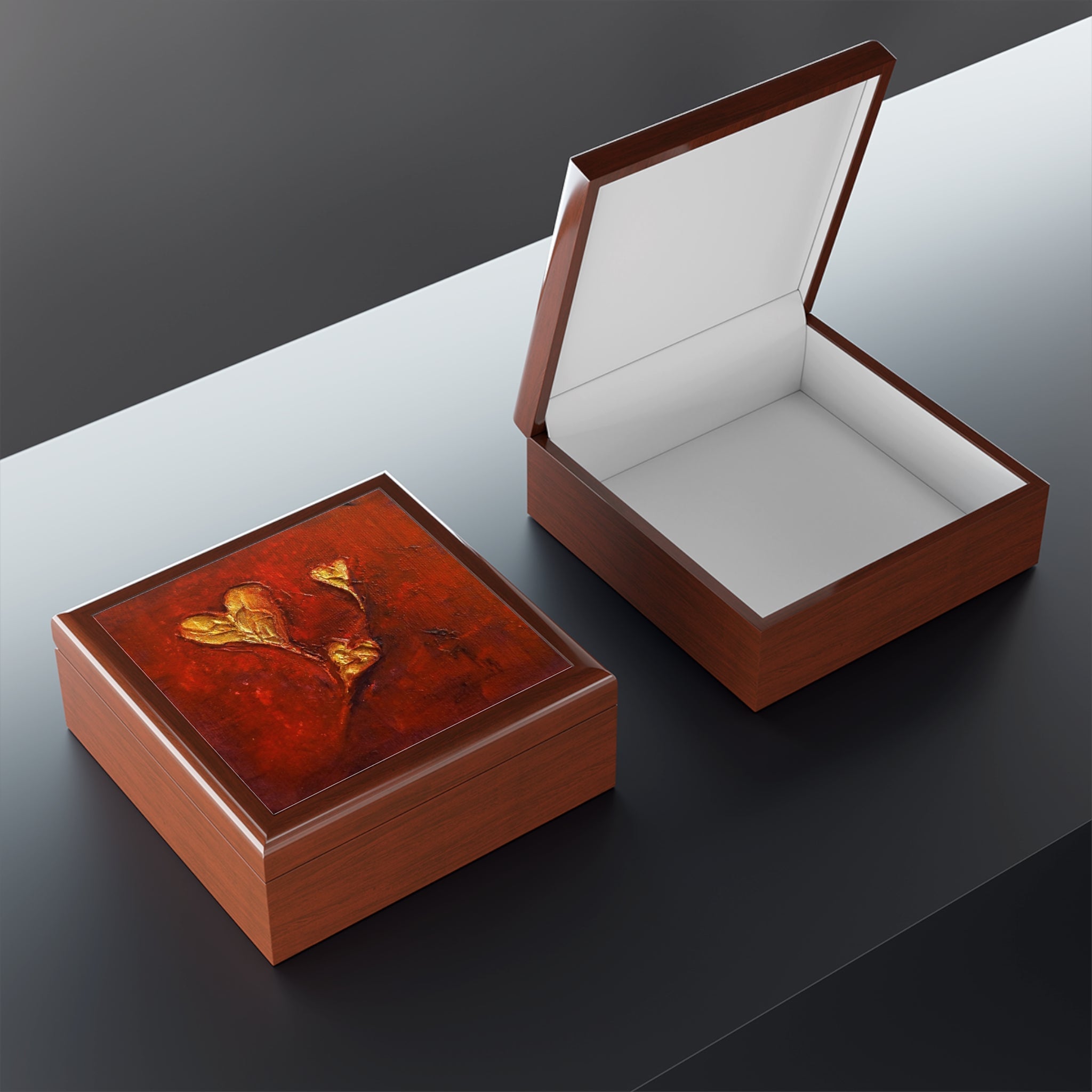 Brown wooden Hearts Art Jewellery Box from Scotland with a closed floral design and open white interior