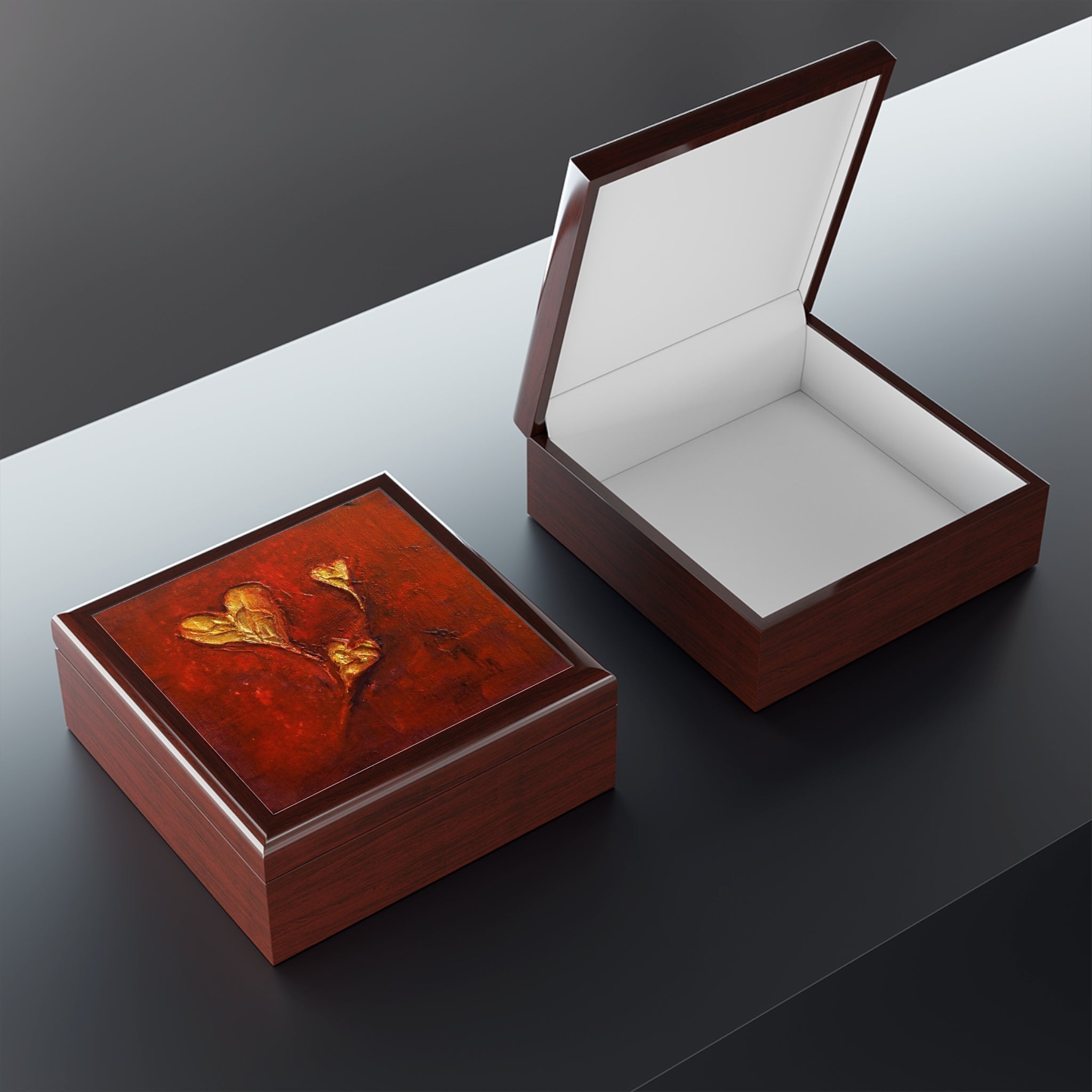Two wooden Art Jewellery Boxes with decorative lids, one open and one closed in Scotland