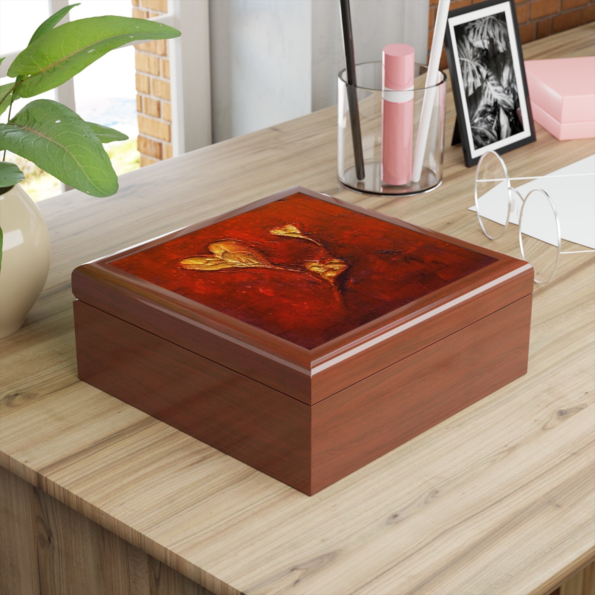 Wooden jewelry box with vibrant red and gold abstract art lid from Hearts Art Jewellery Box Scotland