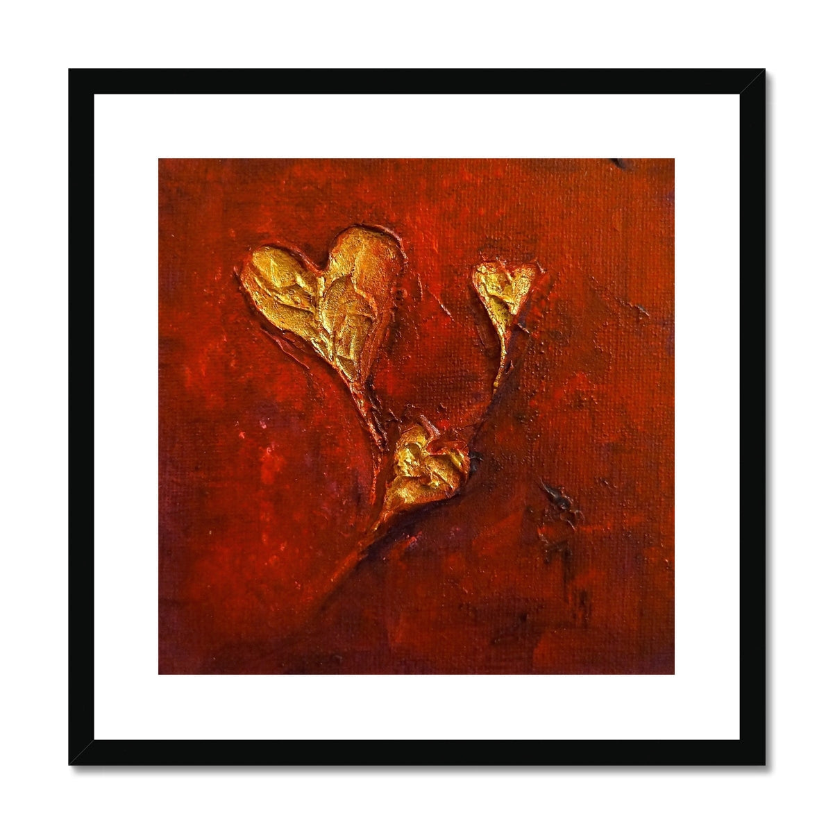 Gold heart-shaped pendant necklace on red background, Hearts Art Prints