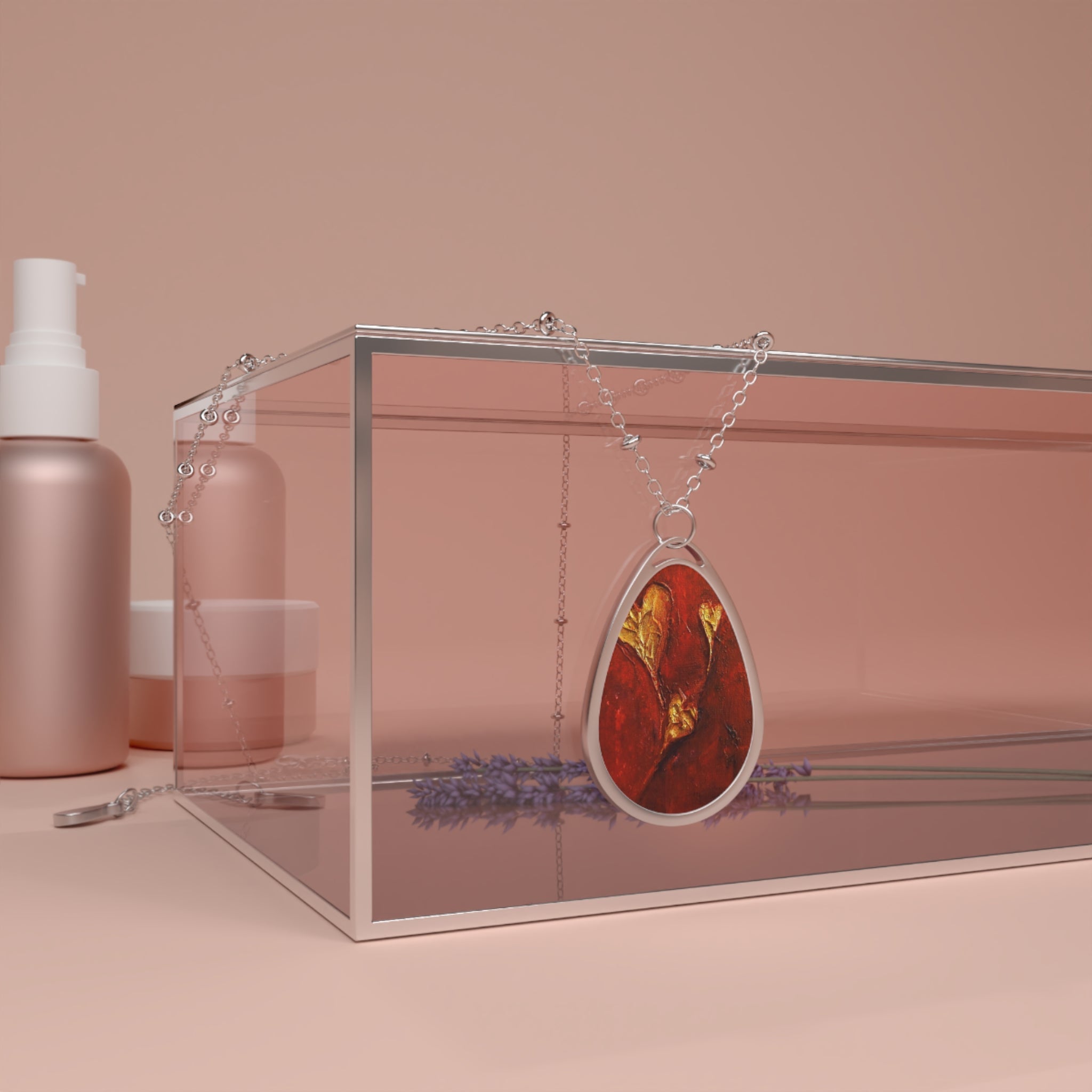 Sterling silver necklace with teardrop red resin pendant with gold flakes from Hearts Scottish Art Jewellery