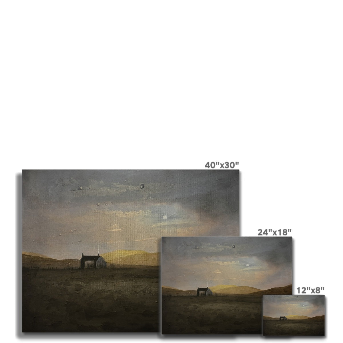 Muted Hebridean croft house landscape canvas with cloudy sky and golden light