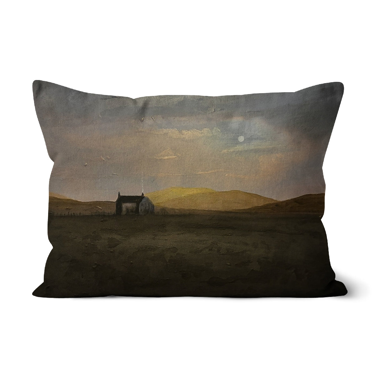 Hebridean Croft House rectangular cushion with moody impressionistic landscape in muted earth tones and soft grays