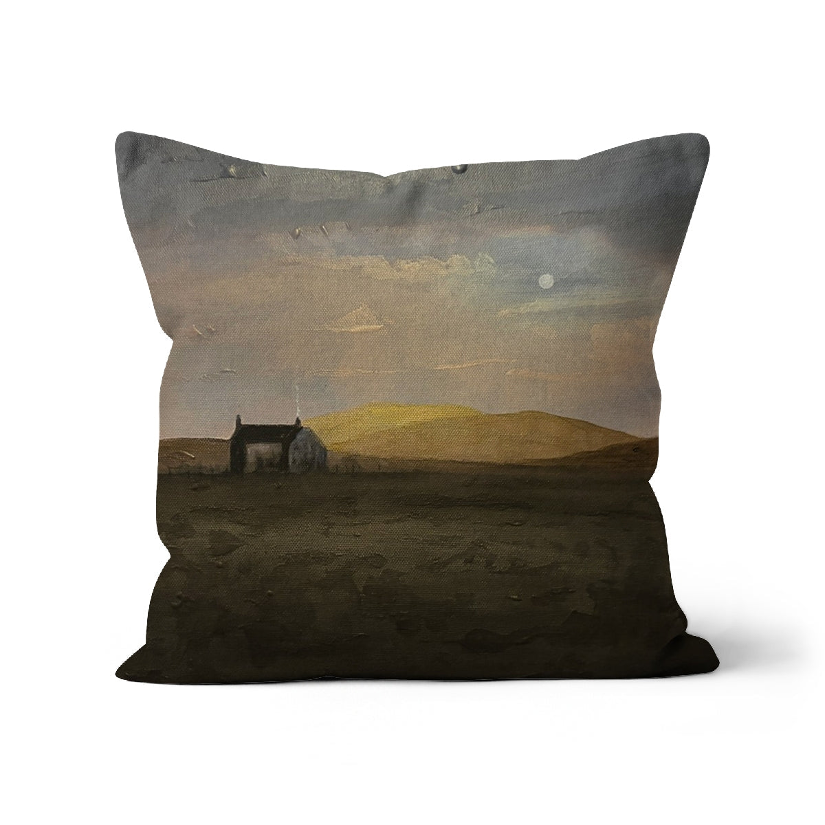 Square throw pillow with moody Hebridean Croft House landscape in muted tones