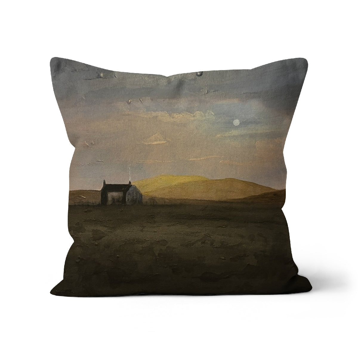 Square throw pillow with moody Hebridean Croft House painting