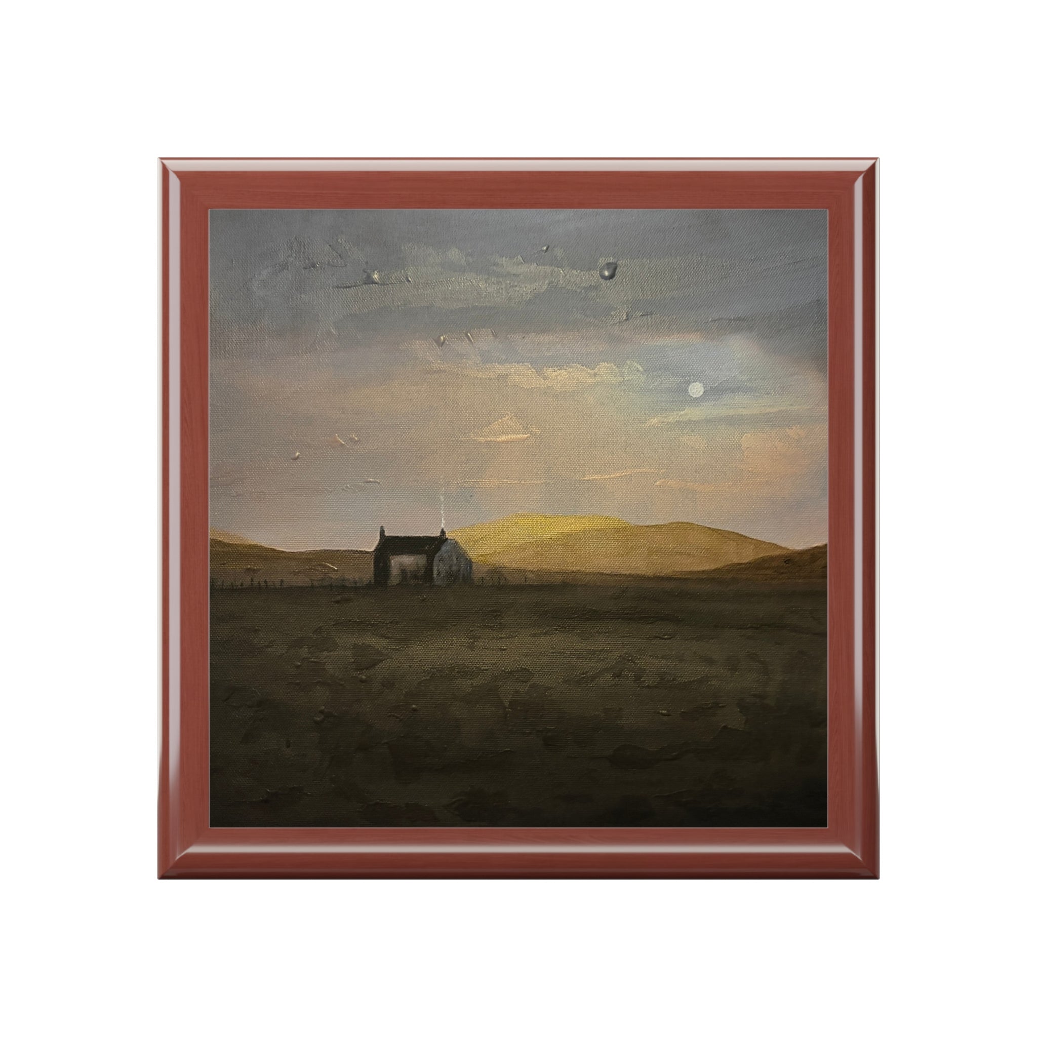 Hebridean croft house in moody Scottish landscape jewellery box