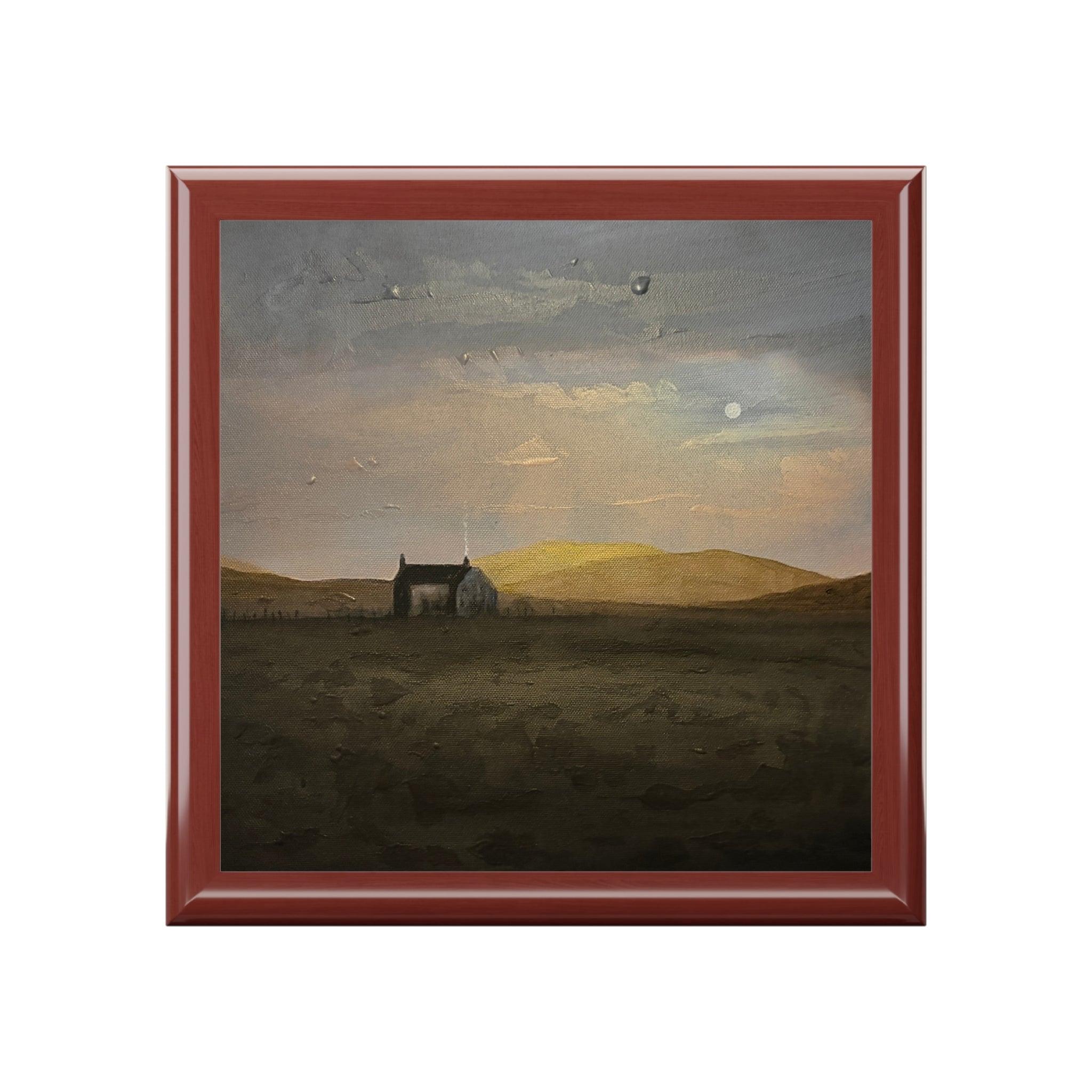 A Hebridean Croft House painting in muted Scottish landscape, jewellery box