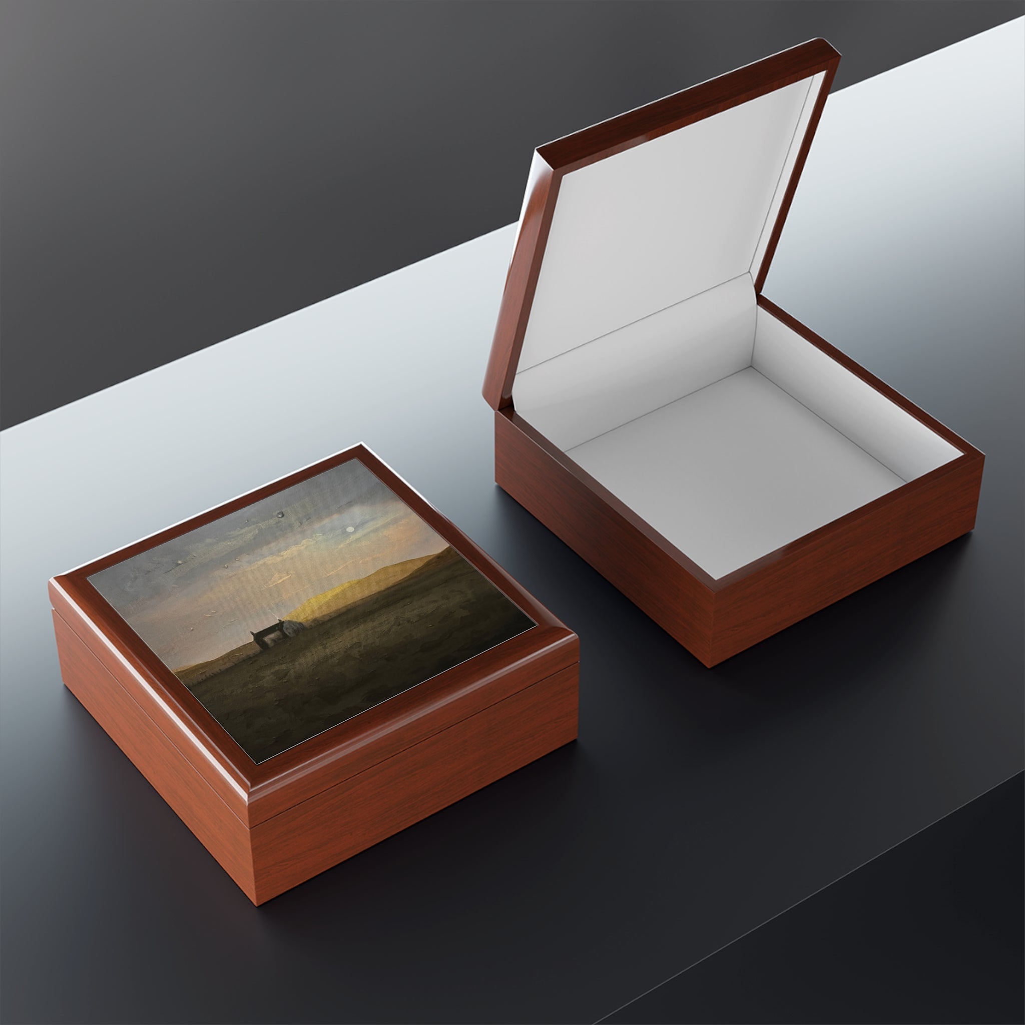Brown wooden Hebridean Croft House jewellery box with clear lid showing twilight landscape painting