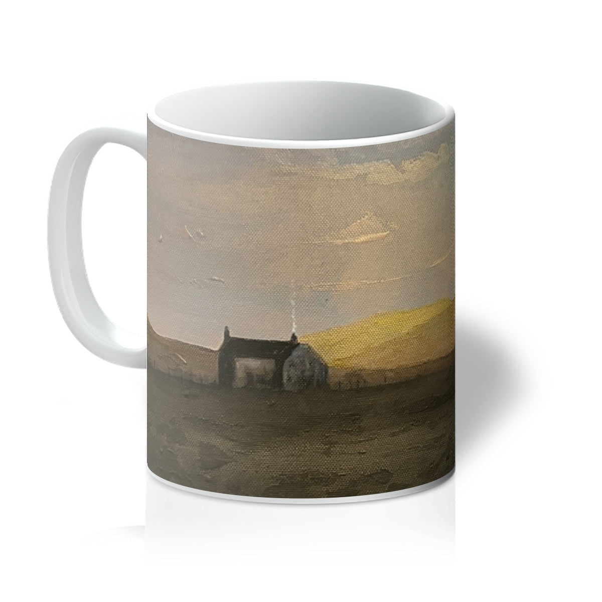 White ceramic Hebridean Croft House mug with painted stone cottage and hills