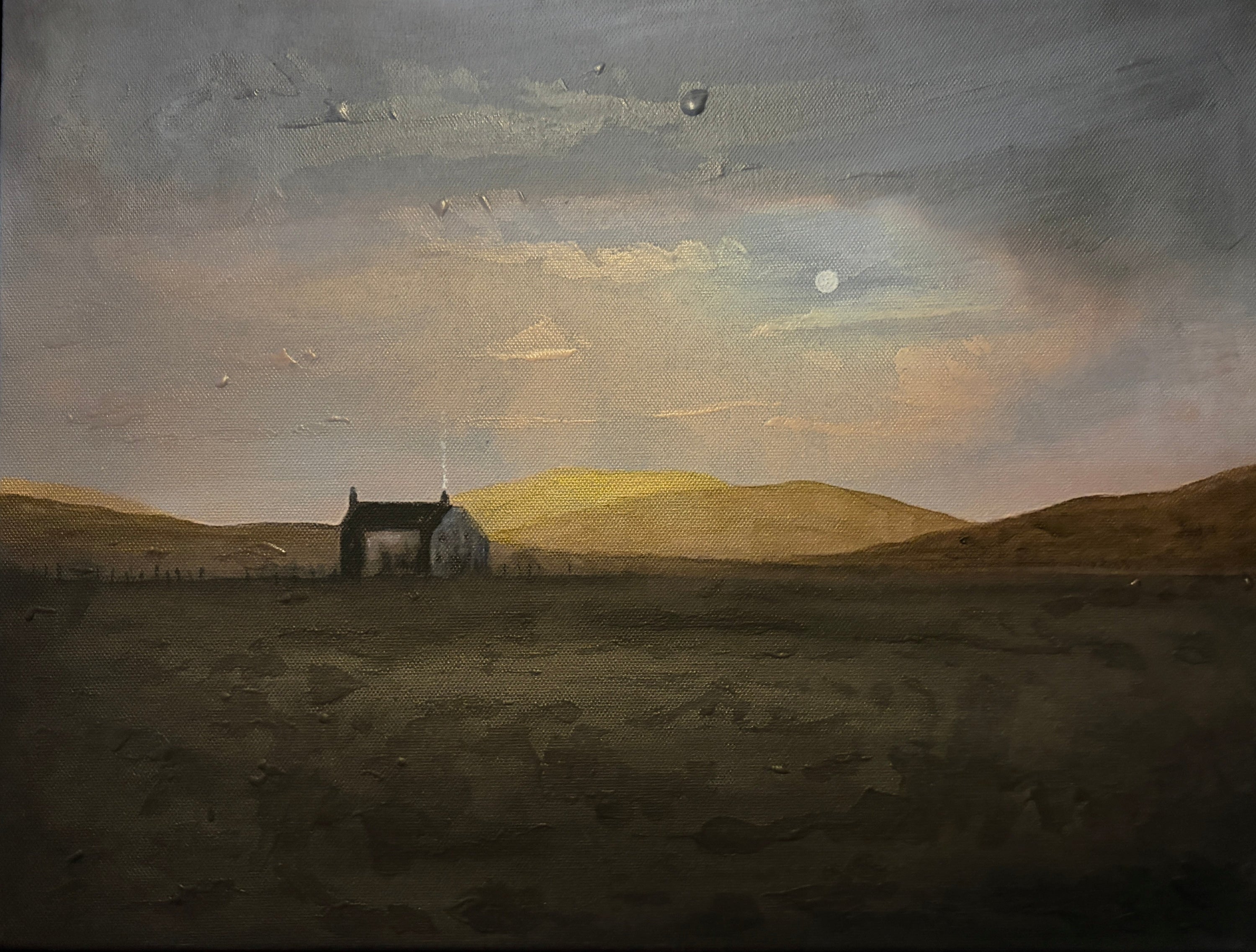 Solitary weathered Hebridean croft house in vast Scottish landscape painting under overcast sky