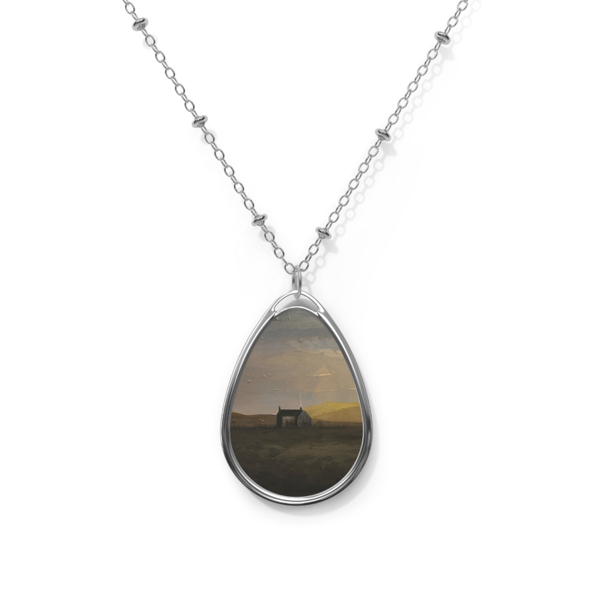 Silver teardrop pendant necklace with Hebridean croft house sunset painting
