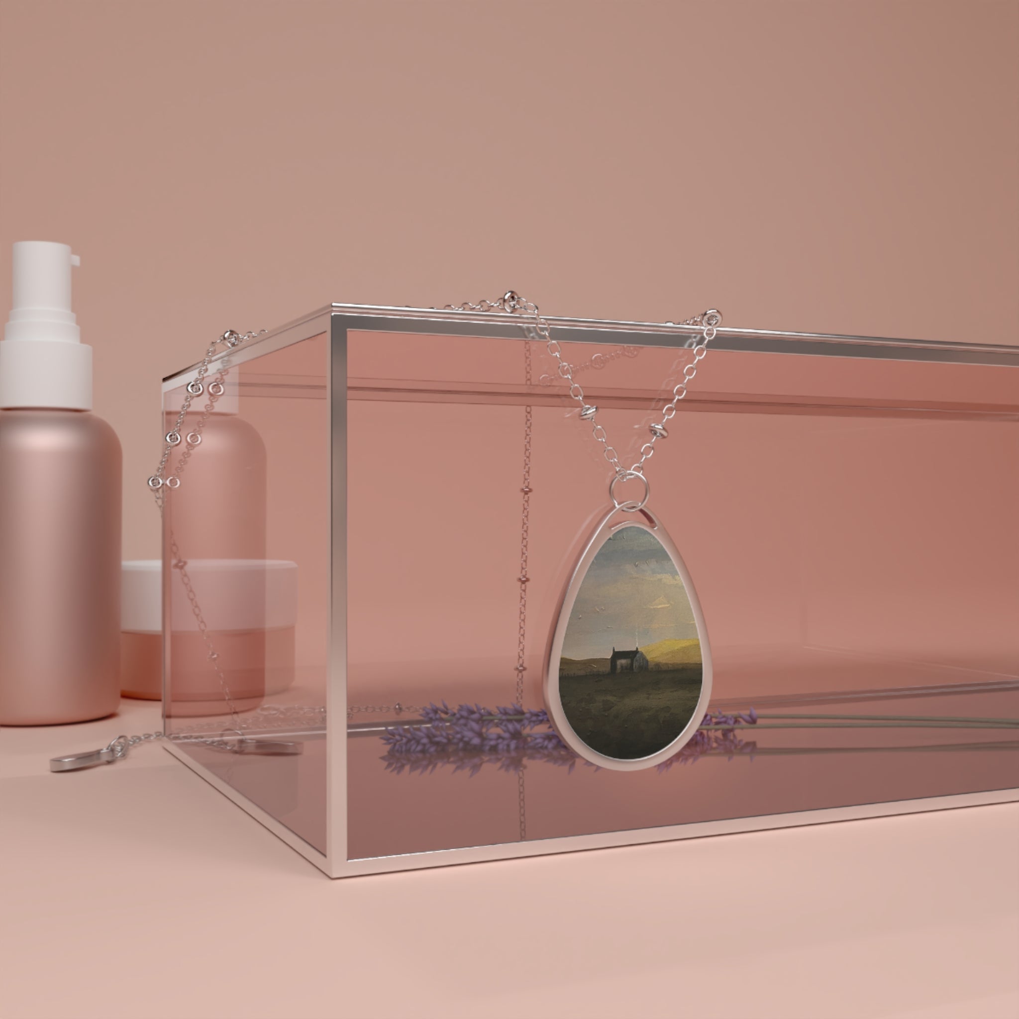 Silver teardrop pendant necklace with Hebridean croft house, horse, sunset scene on chain