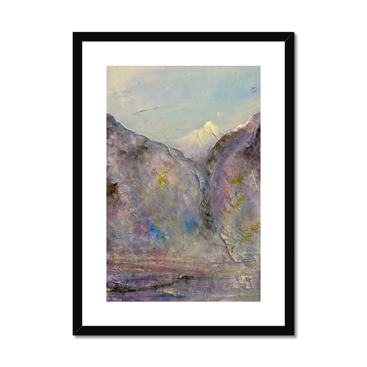 Hidden Valley Snow Art Print: Black framed mountain landscape in pastel hues with textured brushstrokes