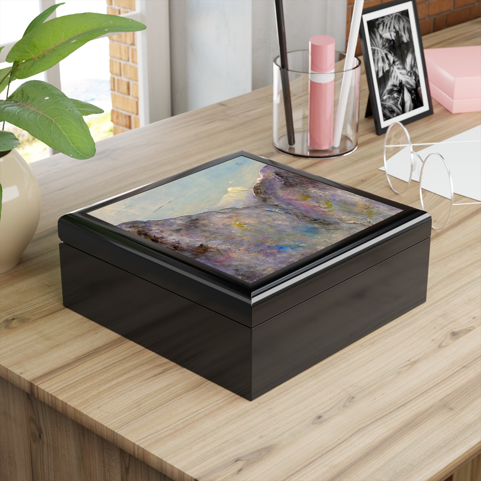 Black wooden jewellery box with colorful abstract Hidden Valley Snow Glencoe landscape on lid