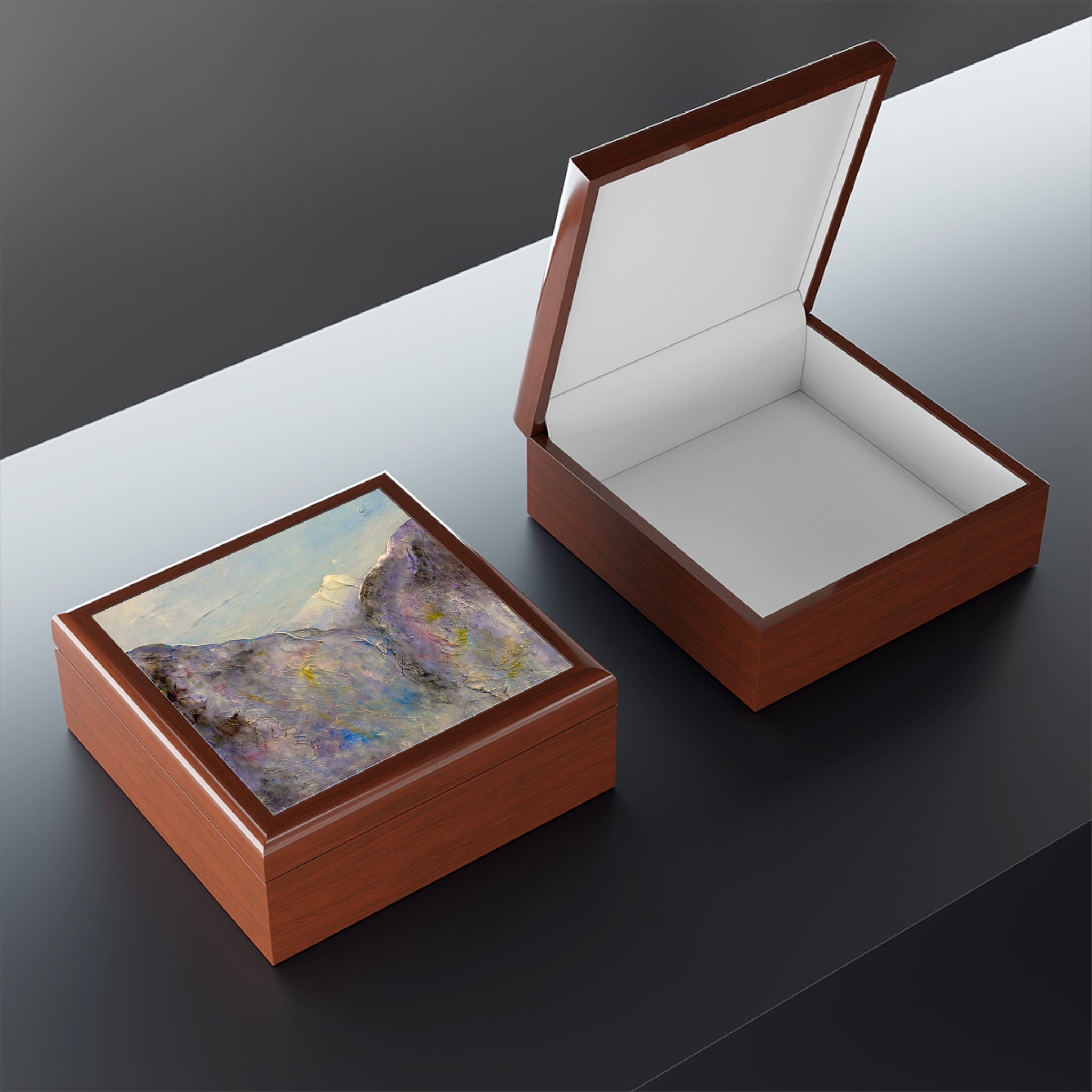 Brown wooden Hidden Valley Snow Glencoe jewellery box with painted landscape lid