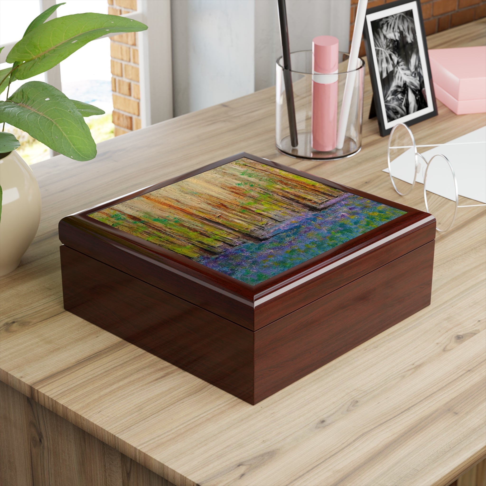 Rectangular wooden Highland Bluebells art jewellery box with vibrant abstract landscape lid