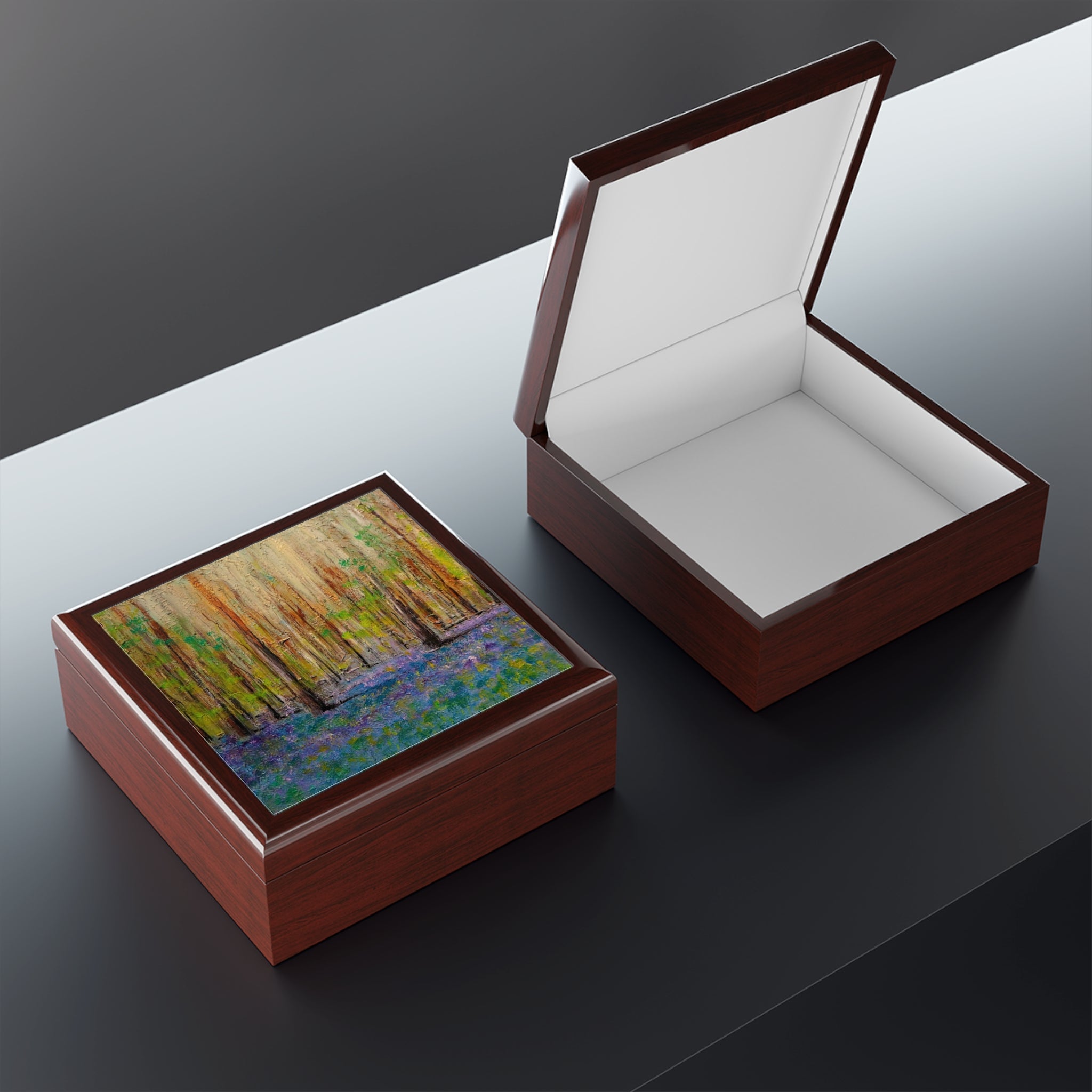 Highland Bluebells art jewellery box with abstract landscape painting and white interior