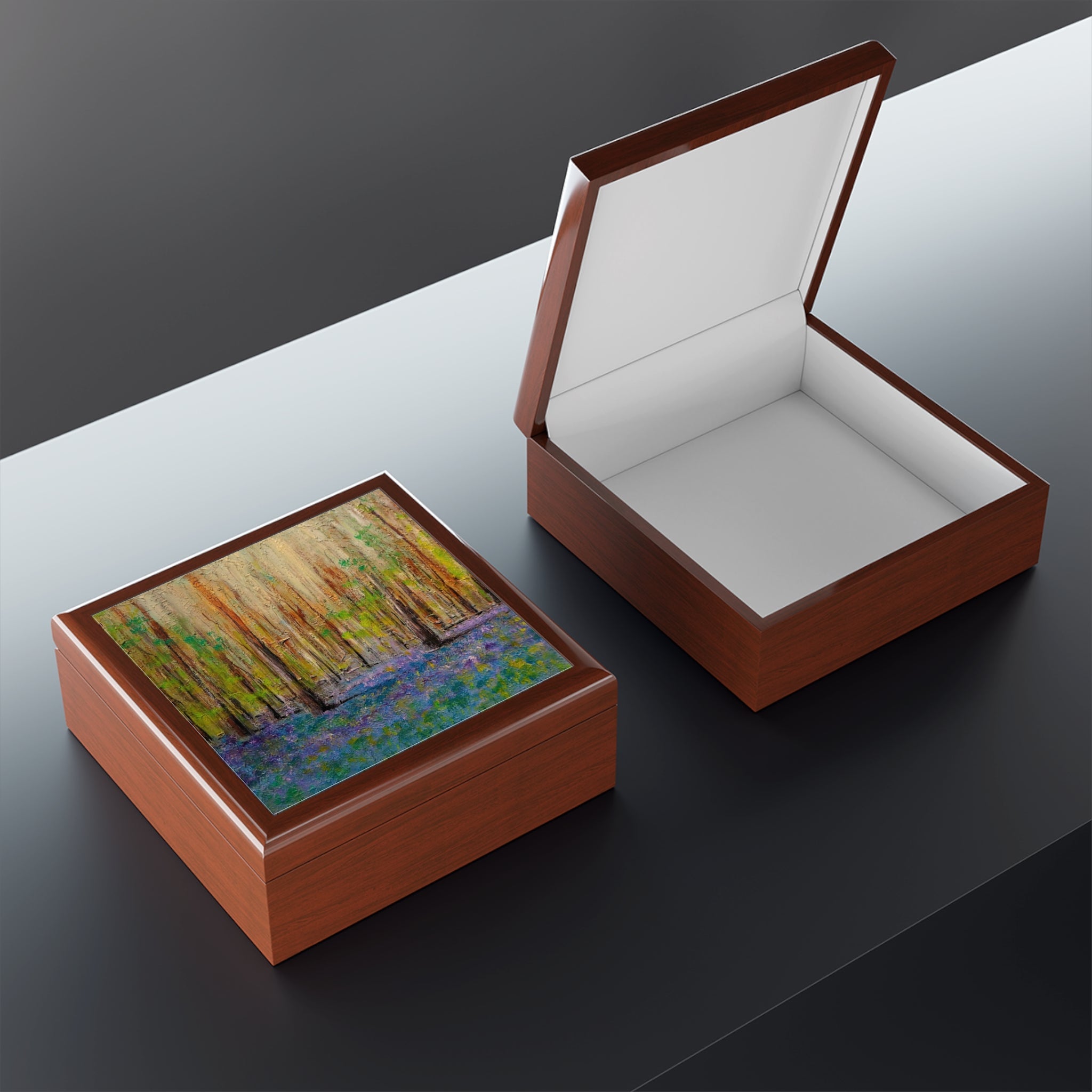 Highland Bluebells art jewellery box with abstract landscape lid and white felt interior