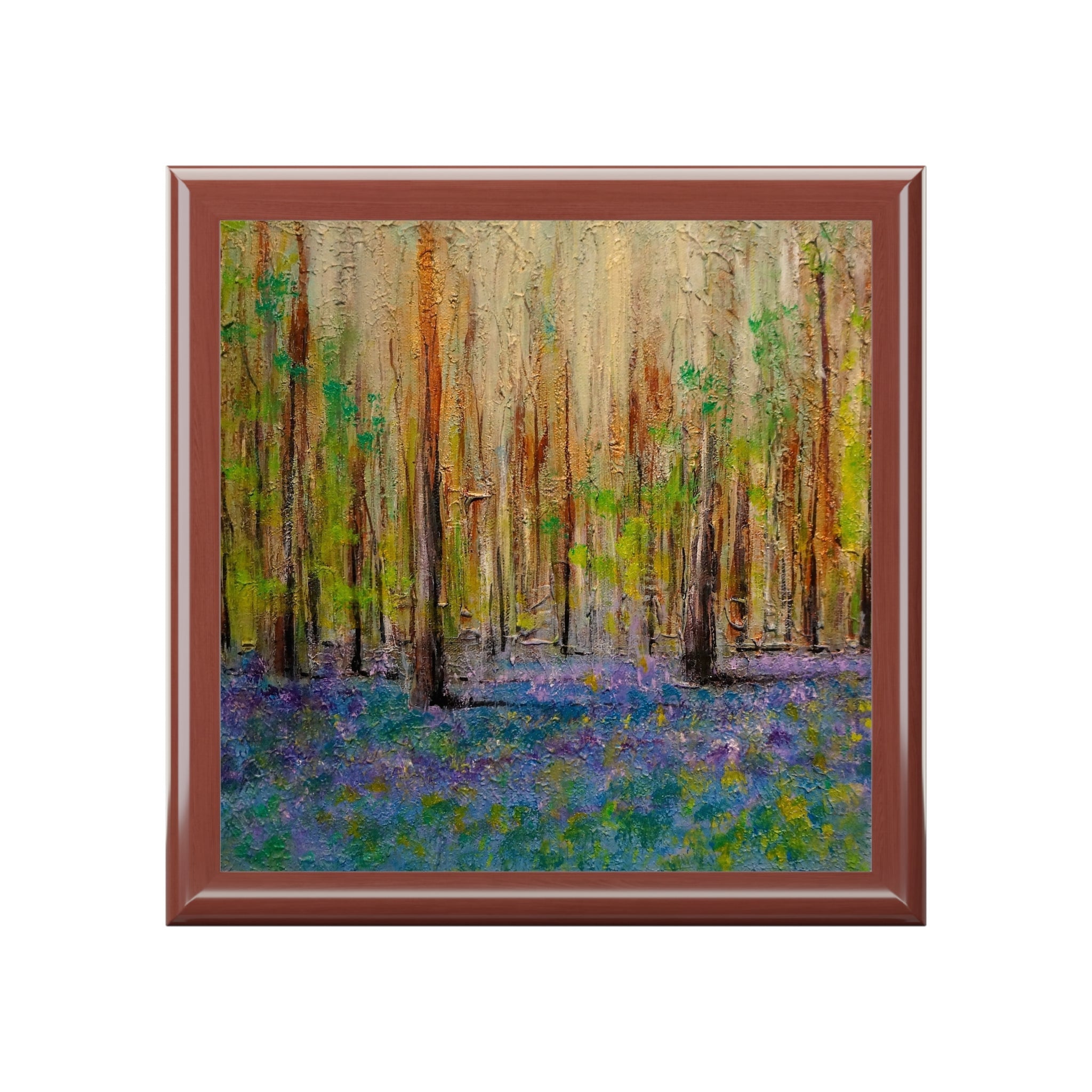Impressionistic painting of a Scottish forest with bluebell flowers in a framed art jewellery box