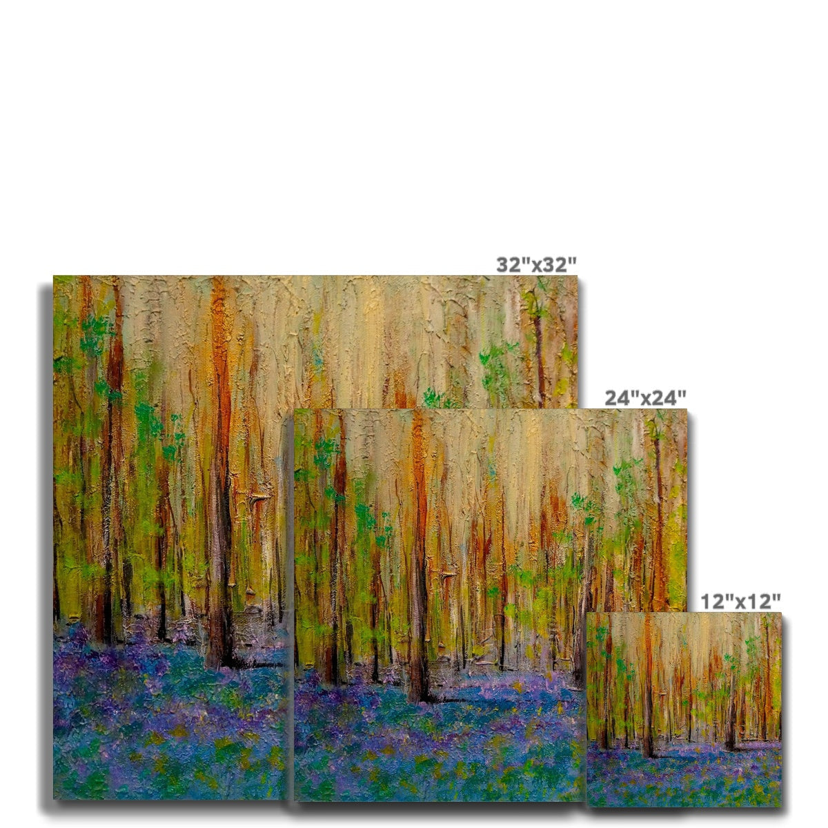 Three textured Highland Bluebells Canvas prints featuring a vibrant forest scene with blue flowers