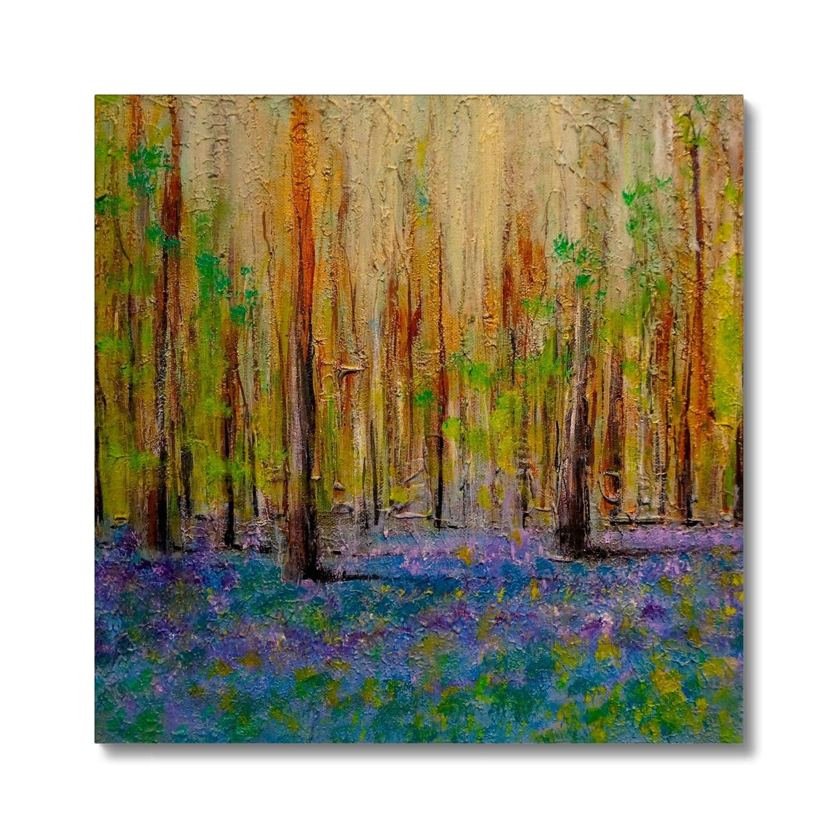 Textured oil painting of a forest with bluebell flowers on Highland Bluebells Canvas