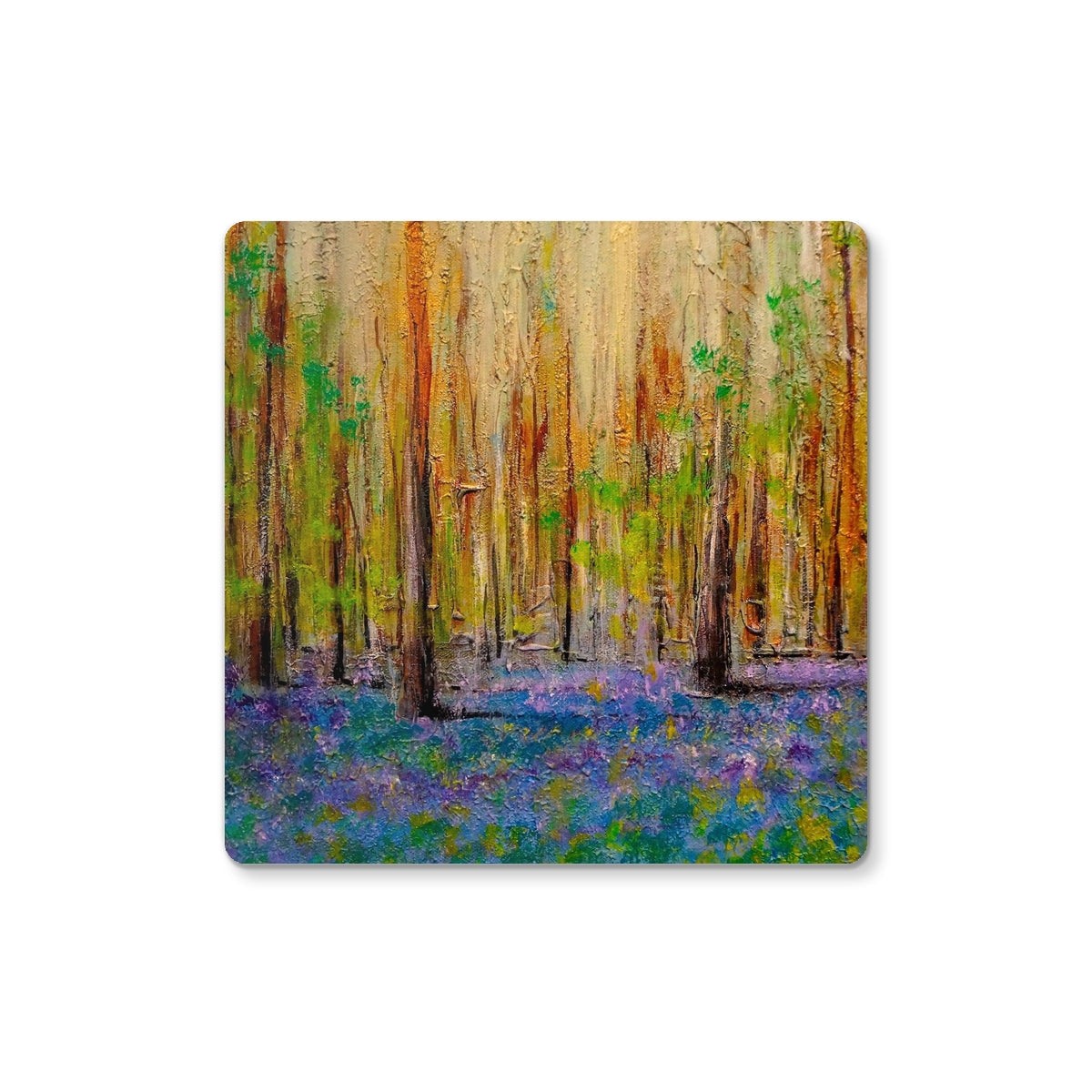 Highland Bluebells ceramic coaster with colorful forest trees and blue flowers
