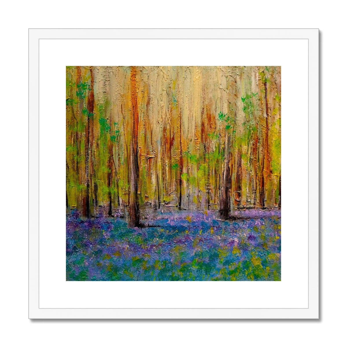 Oil painting of a bluebell wood in a white frame for Highland Bluebells Framed & Mounted Print