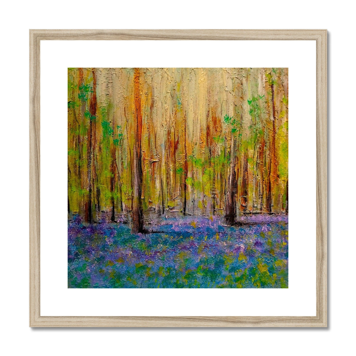 Framed textured Highland Bluebells forest painting mounted for decorative display